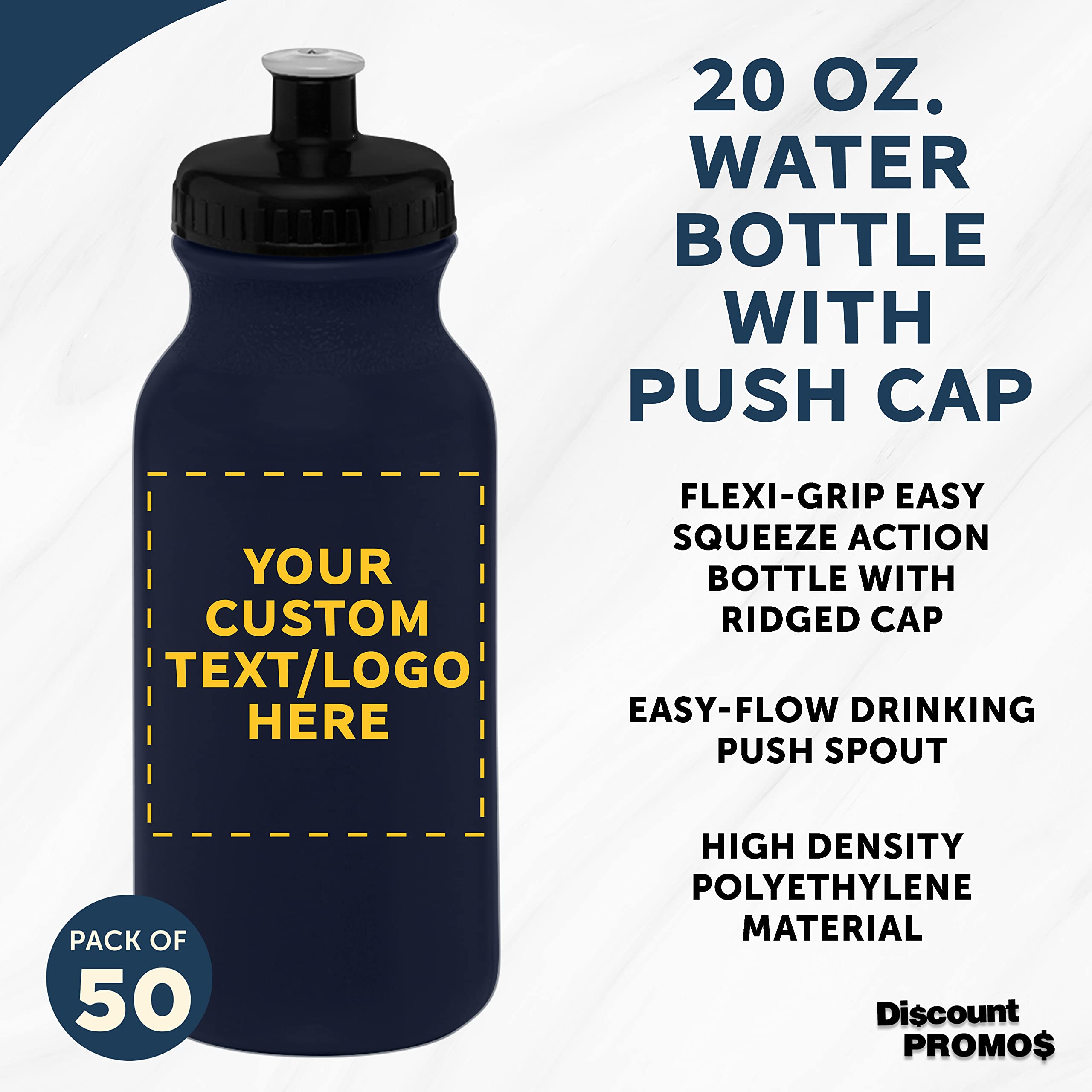 Custom 20 oz. Water Bottles with Push Cap - Bulk Pack of 50 Personalized Navy Blue Sports Bottles | Ideal for Gym, Hiking, Camping & Outdoor Activities | Reusable Hydration for Fitness, Travel & Sports Teams
