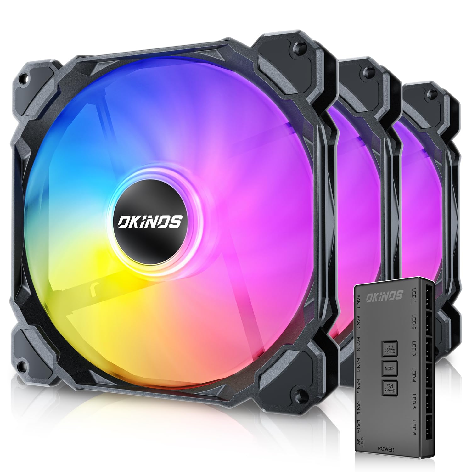 RGB PC Fans 3 Pack - 140mm 4-Pin PWM & 5V 3-Pin Addressable RGB Cooling Fans with ARGB Controller Hub for Gaming PC Build, Case Cooling, and PC Modding - High Airflow Quiet Computer Fans