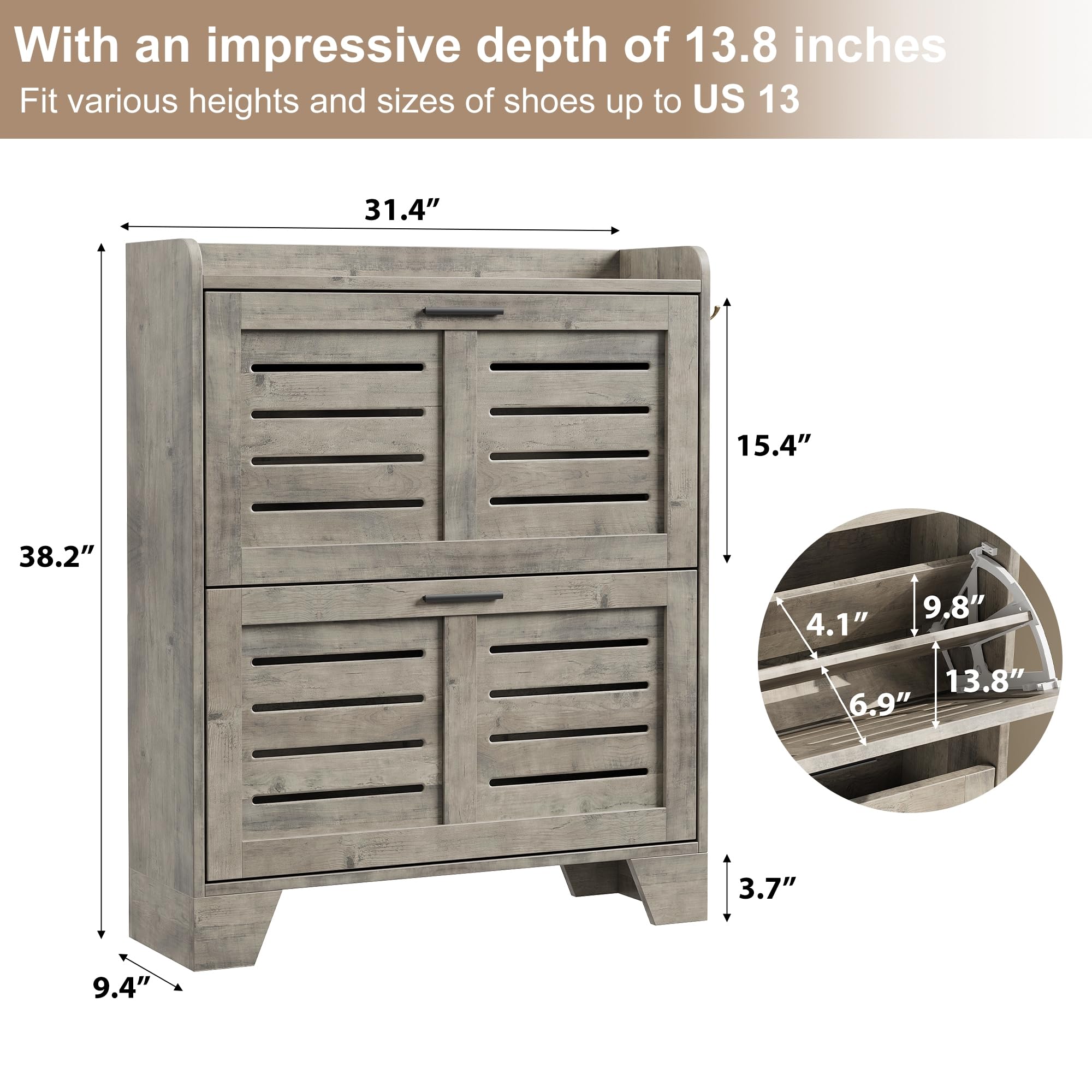 Freestanding Narrow Shoe Cabinet with 2 Flip Drawers & Hooks - Space Saving Entryway Shoe Storage Organizer for Foyer, Hallway, Garage - Perfect for Small Spaces & Apartment Living (Gray)