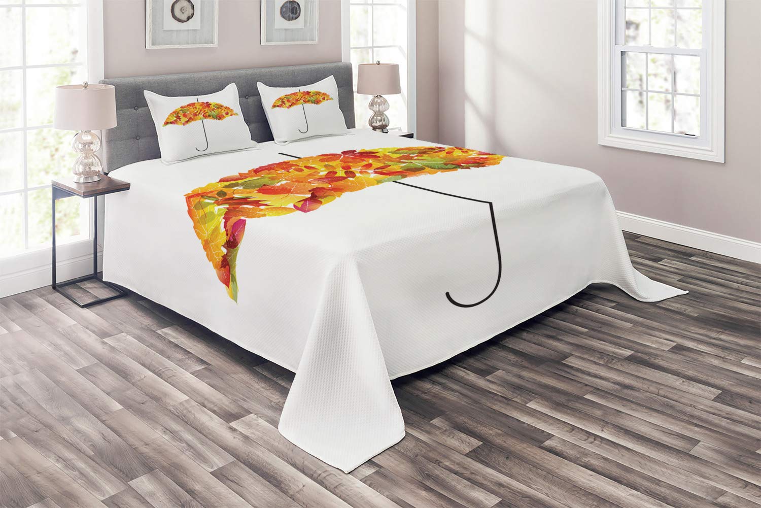 Ambesonne Autumn Quilt Set - King Size 3-Piece Fall Bedspread with Abstract Umbrella & Leaf Print, Includes 2 Decorative Pillow Shams | Cozy Seasonal Bedding for Fall Decor, Guest Room & Master Bedroom