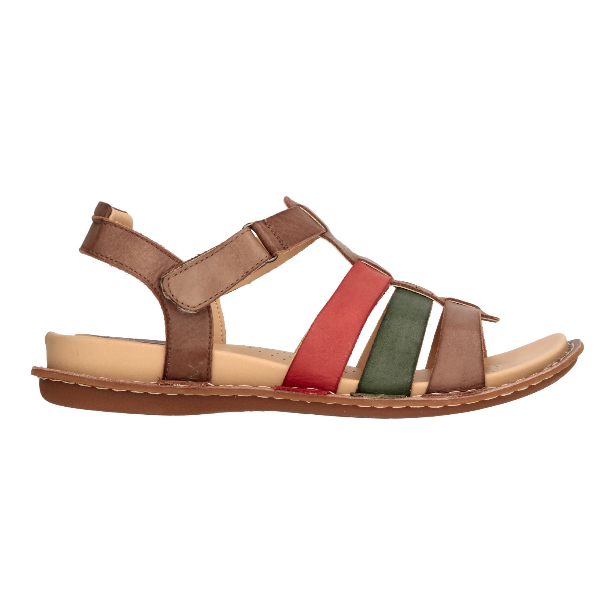 Barani Khaki Multi Leather Sandals for Women - Triple Strap Comfortable Summer Sandals - Perfect for Beach, Vacation and Casual Outfits