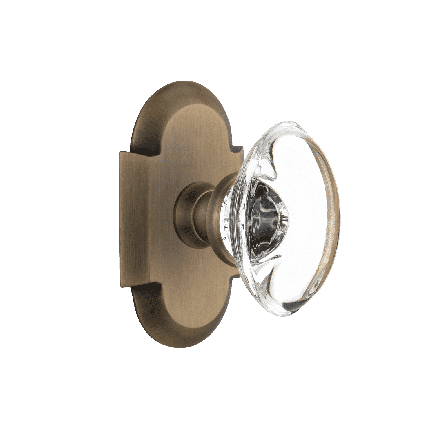 Antique Brass Cottage Short Plate with Oval Clear Crystal Knob - Vintage Cabinet Hardware for Kitchen & Bathroom Decor