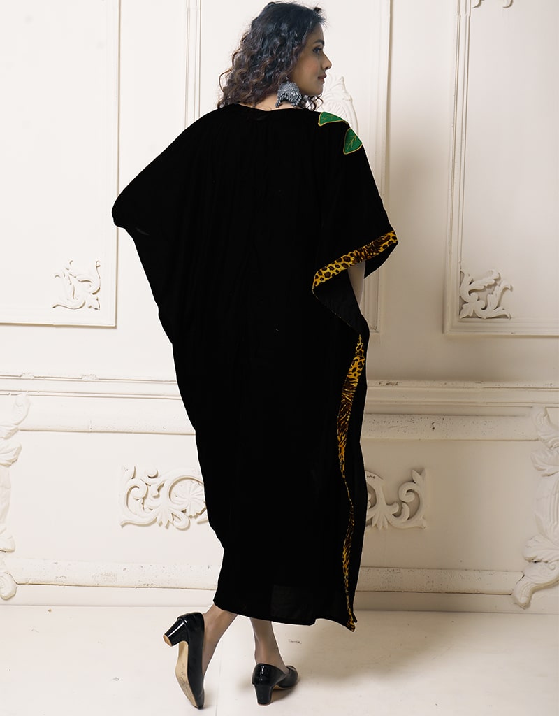 Stylish Arabic Dark Back Multi Printed Velvet Kaftan - Elegant Long Dress for Women, Perfect for Parties, Weddings & Special Occasions