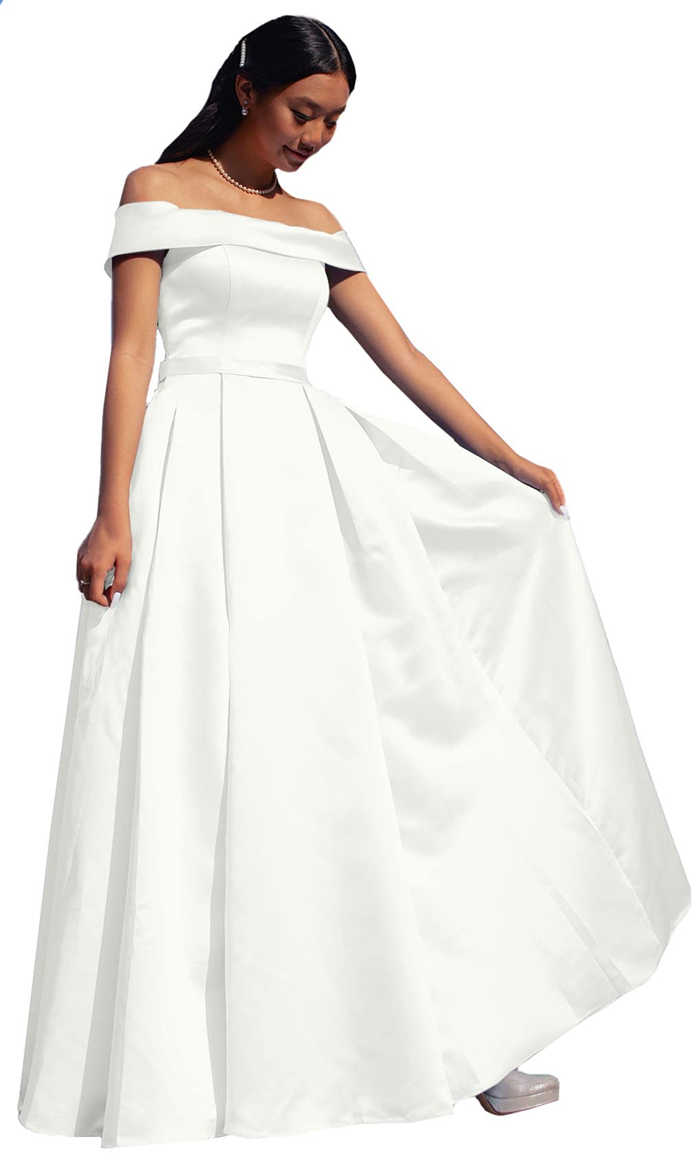 ANGELWARDROBE Women's Prom Dresses Long Off Shoulder Formal Evening Gowns Satin A-Line Party Dress with Slit Pockets - Elegant Homecoming, Wedding Guest & Special Occasion Outfit