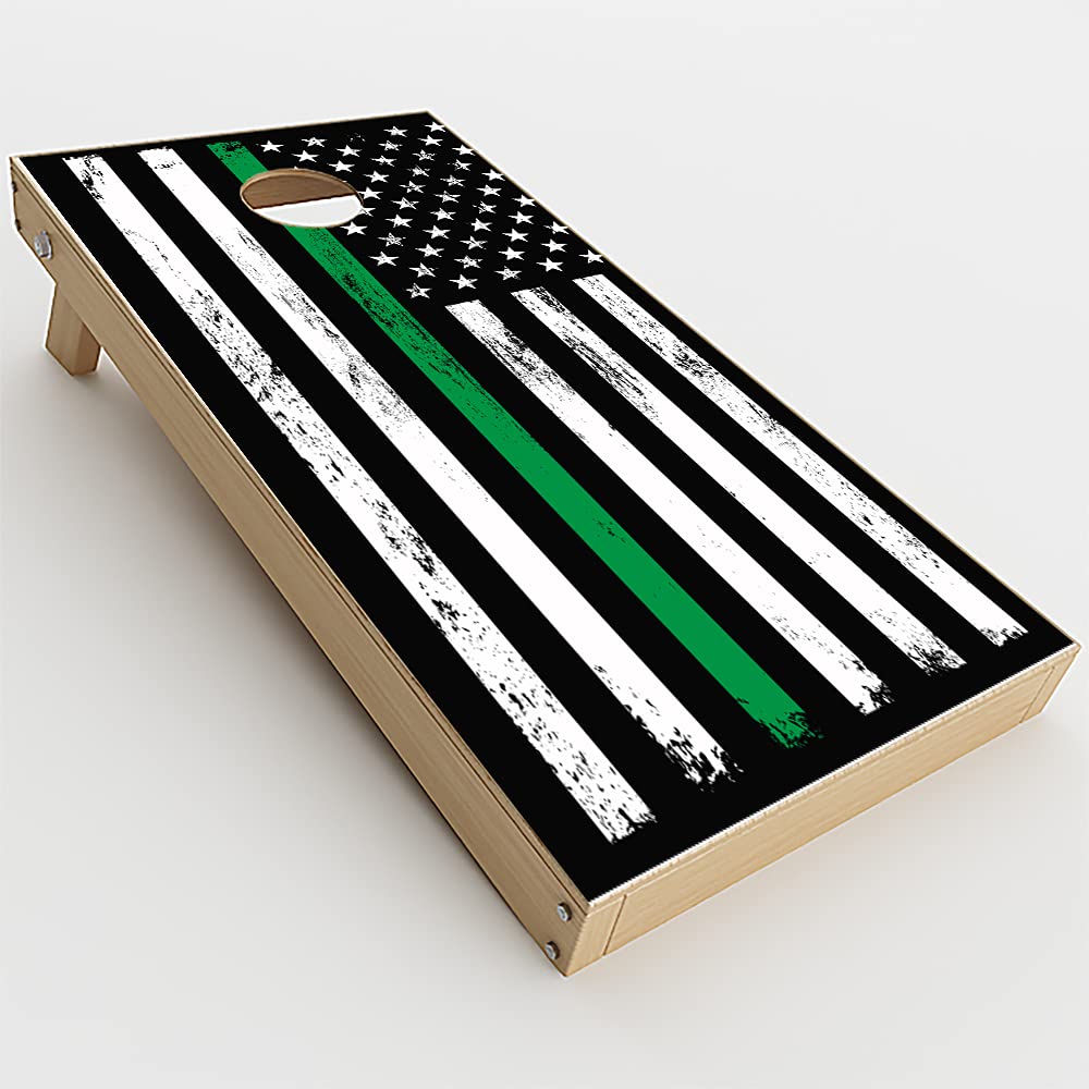 Custom Skin Decals Vinyl Wrap for Cornhole Game Board & Bag Toss (4-Piece Set) - Includes Dry Erase Marker & Scoreboard - Thin Green Line Flag Design - Perfect for Tailgating, Backyard BBQs & Outdoor Parties