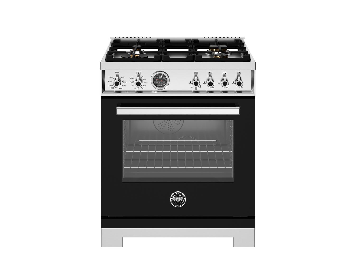 Bertazzoni PRO304BFEPNET 30-Inch Professional Dual Fuel Range with 4 Brass Burners & Self-Cleaning Electric Oven in Nero Black - Perfect for Home Chefs & Modern Kitchens