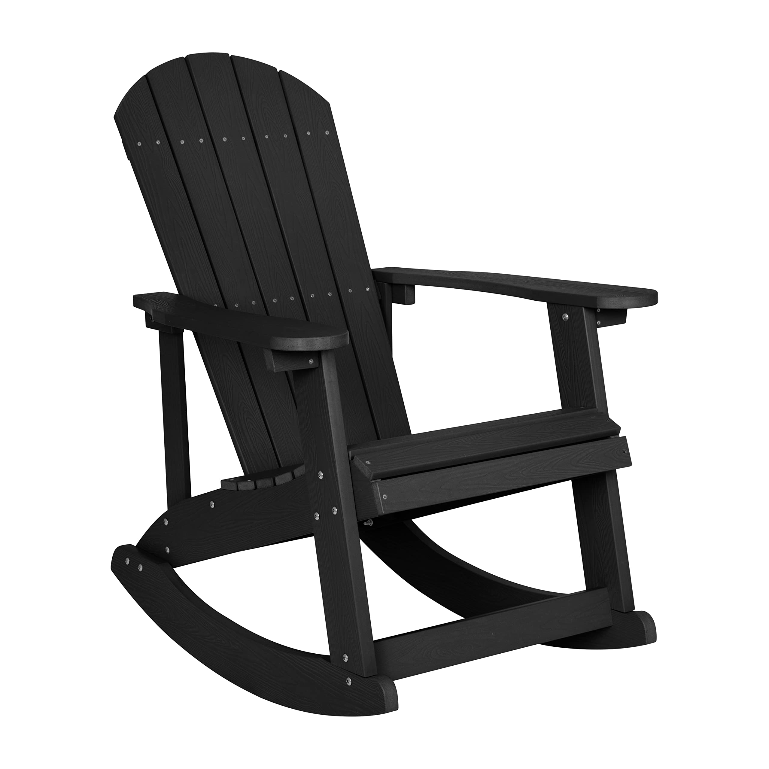 EMMA + OLIVER 2-Piece Marcy Adirondack Rocking Chairs with Fire Pit Set - Durable Black Polyresin Construction & Metal Wood Burning Fire Pit - Includes Spark Screen & Poker Tool - Perfect for Patio, Garden, Backyard, and Outdoor Relaxation