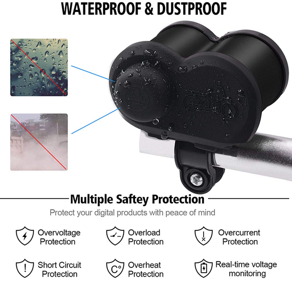 12V/24V Motorcycle USB Charger with QC 3.0 Fast Charging, Dual USB Ports & LED Voltmeter - Waterproof Black Cigarette Lighter Socket for Phone & Devices - Perfect for Long Rides, Road Trips & Outdoor Adventures