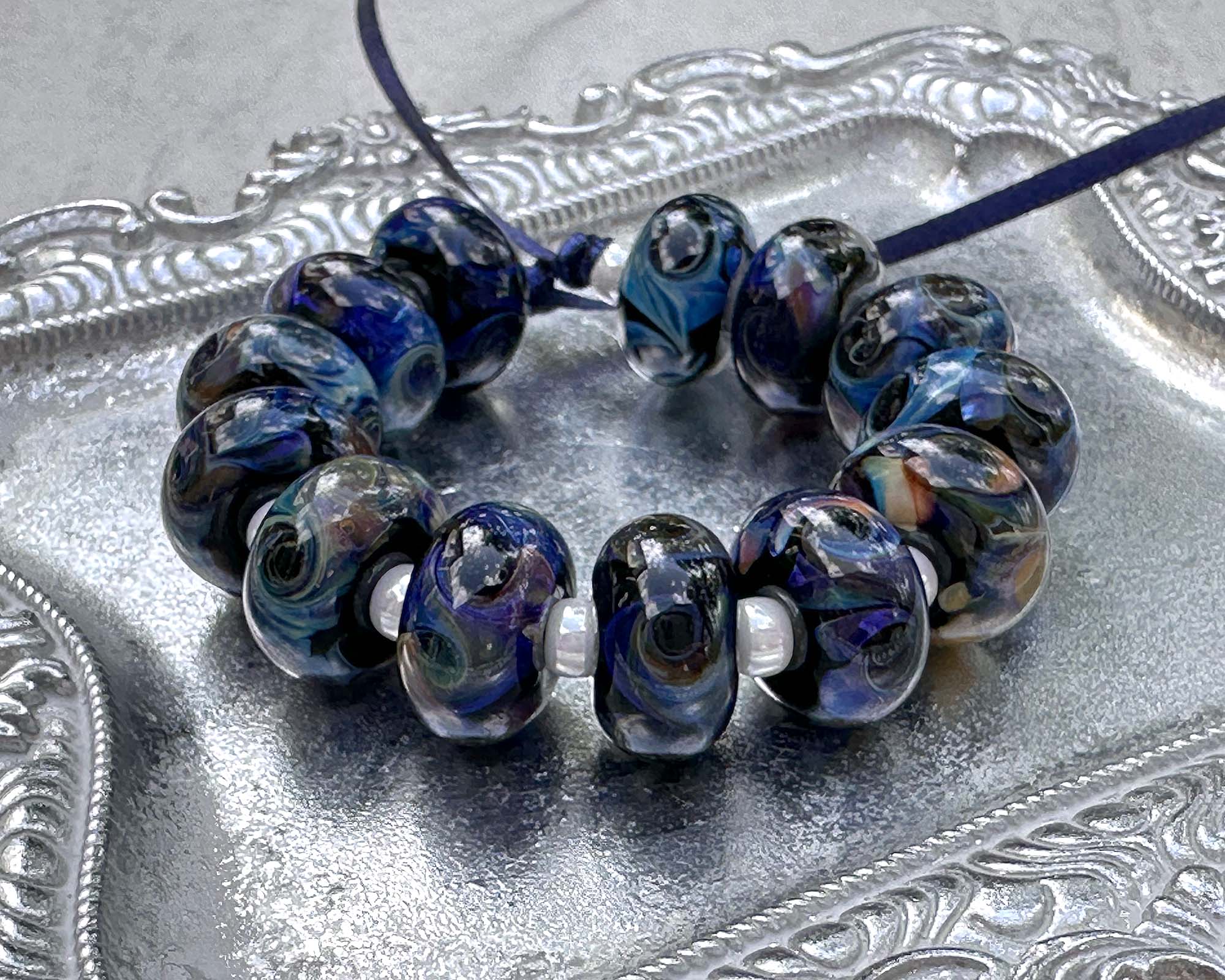 13pcs Kaleidoscope Blue Swirl Glass Lampwork Beads Set for Jewelry Making, DIY Crafts, Bracelets & Necklaces - SRA Certified Artisan Beads