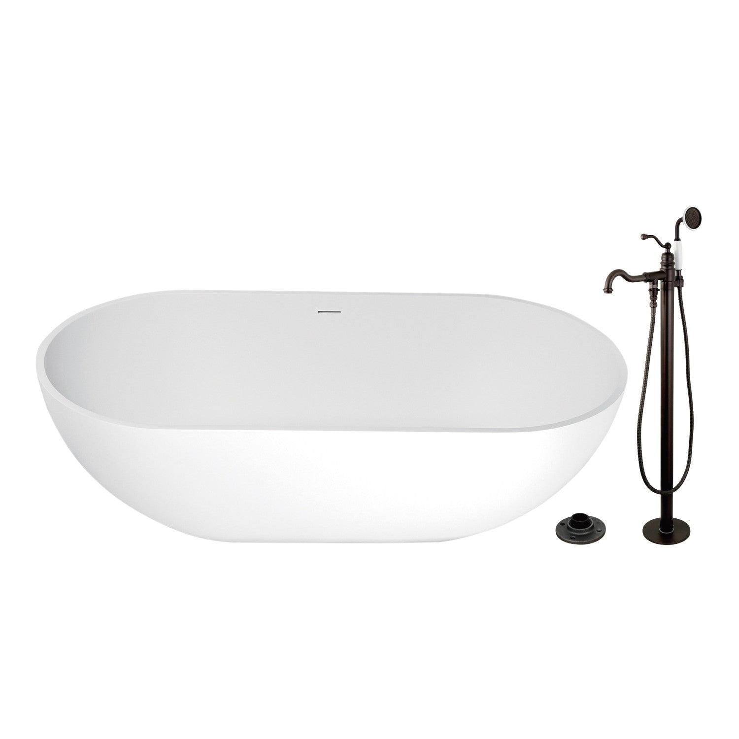 Arcticstone 70 Inch Freestanding Oval Bathtub with Oil Rubbed Bronze Faucet - Solid Surface Double Ended Soaking Tub for Luxury Bathroom & Spa Relaxation at Home
