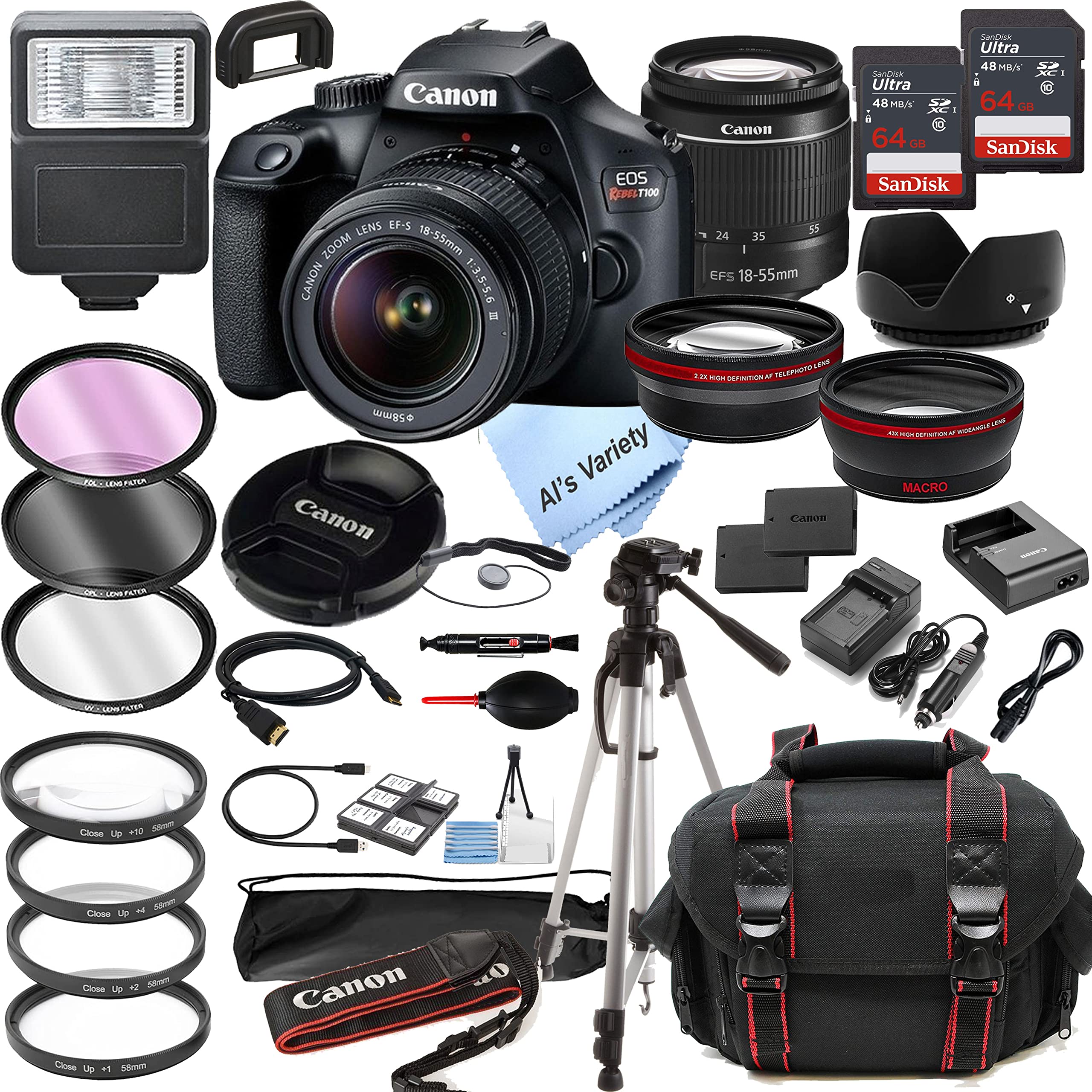 Canon EOS Rebel T100 DSLR Camera Bundle with EF-S 18-55mm Lens, 128GB SD Card, Case, Tripod & 36pc Filter Kit (Renewed) - Perfect for Travel Photography, Vlogging & Beginner Photographers