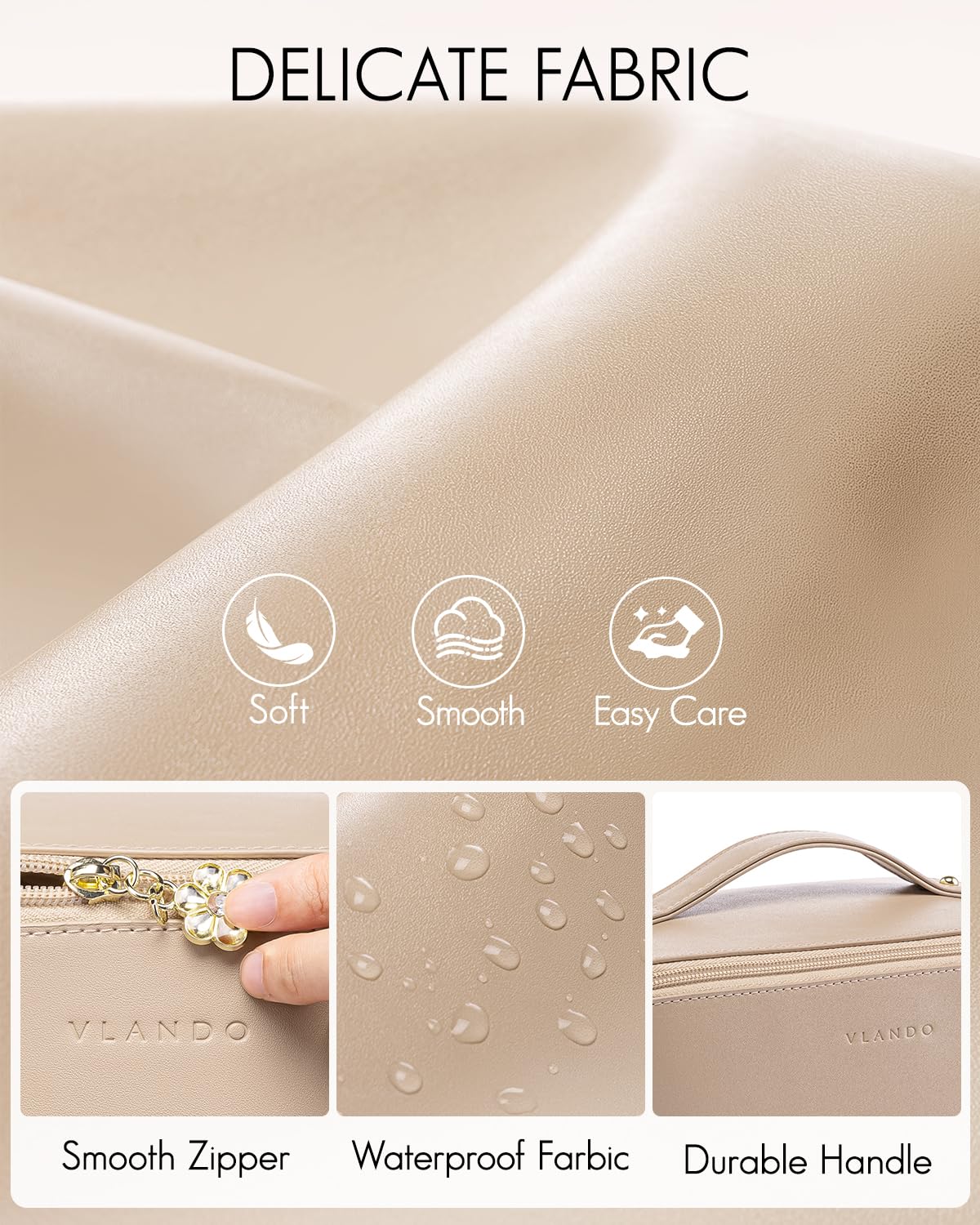 Vlando Waterproof PU Leather Makeup Organizer Bag - Travel Cosmetic Case for Women, Portable Flat Open Makeup Pouch for Essentials | Perfect for Travel, Daily Use & Valentines Day Gifts for Women/Mom (Toffee)