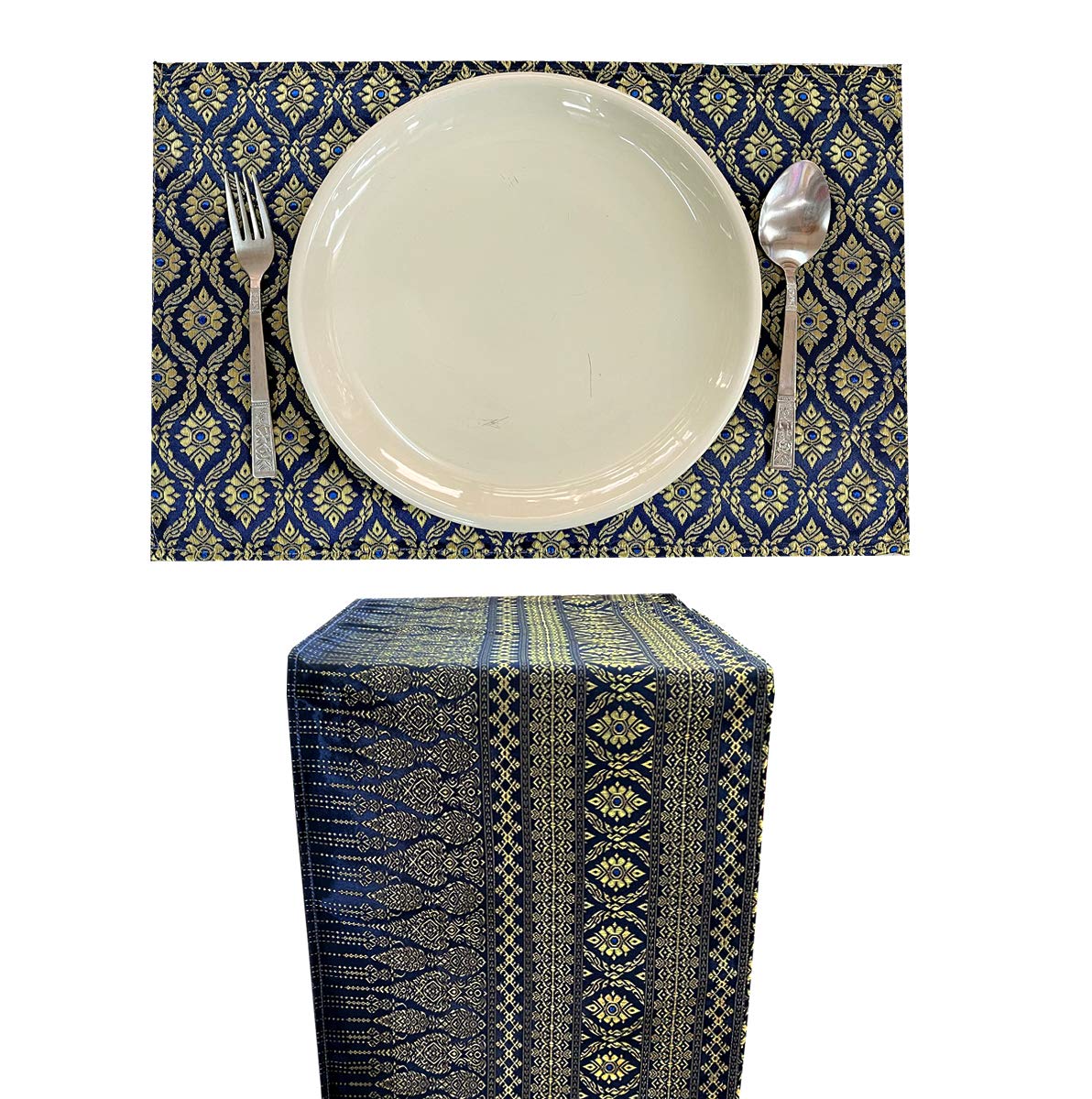AMORNPHAN Traditional Thai Silk Damask Brocade Table Runner & Placemats Set - Handwoven 100% Silk, Washable Dining Table Decor (1 Runner + 4 Placemats) - Perfect for Formal Dinners, Weddings & Asian-Themed Home Decor