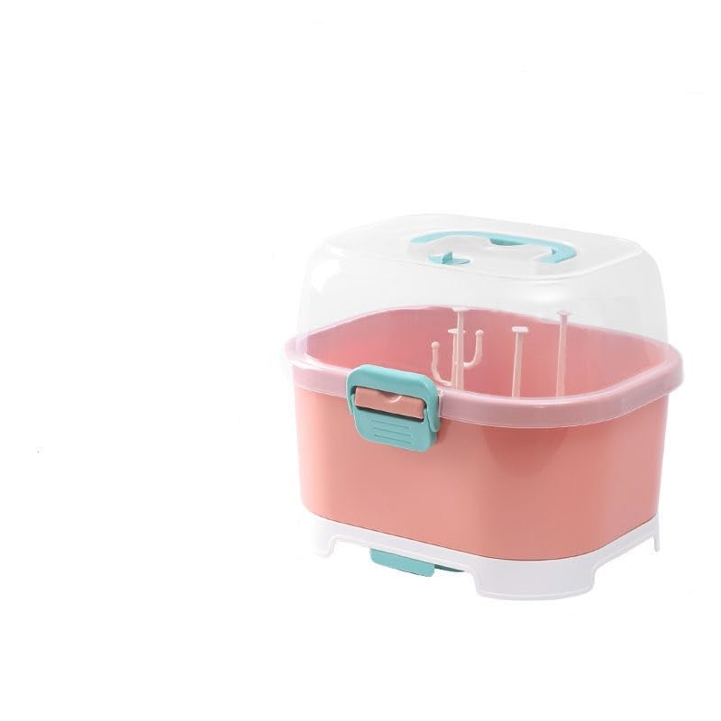 Baby Bottle Drying Rack & Organizer - Portable Nursing Bottle Holder with Cover, Dustproof Baby Bottle Storage Container for Home & Travel Use (Pink) | Perfect for Drying, Organizing & Storing Baby Bottles, Pacifiers & Feeding Accessories