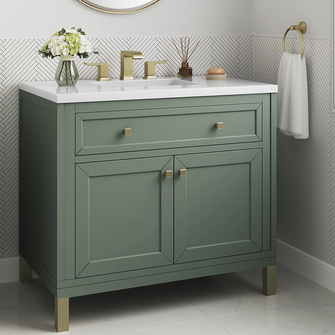 James Martin Vanities Chicago Collection 36 Inch Single Bathroom Vanity in Smokey Celadon with Countertop Options - Modern Farmhouse Style for Small Bathrooms & Powder Rooms