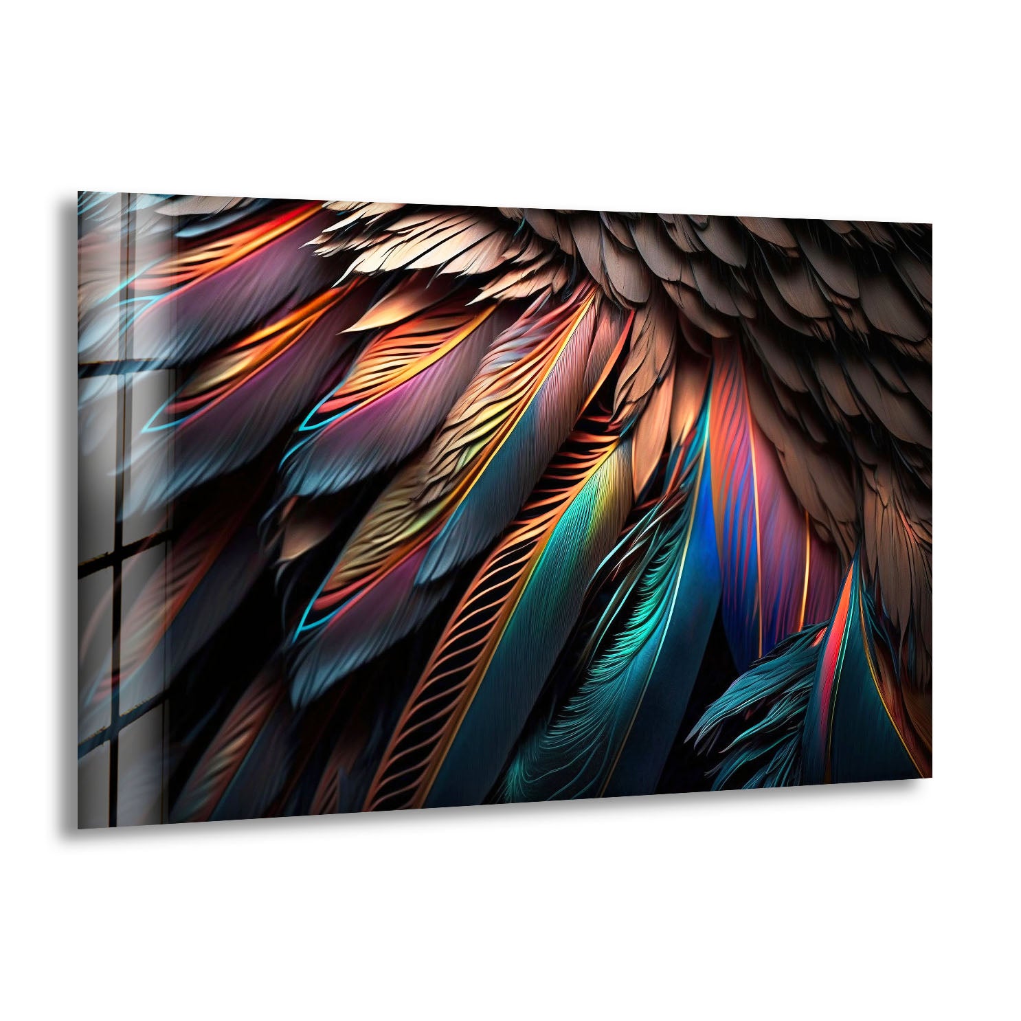 Vibrant Colorful Feather Glass Wall Art - Handmade Abstract Plumage Decor for Modern Living Room, Bedroom & Office - Unique Home & Interior Design Accent