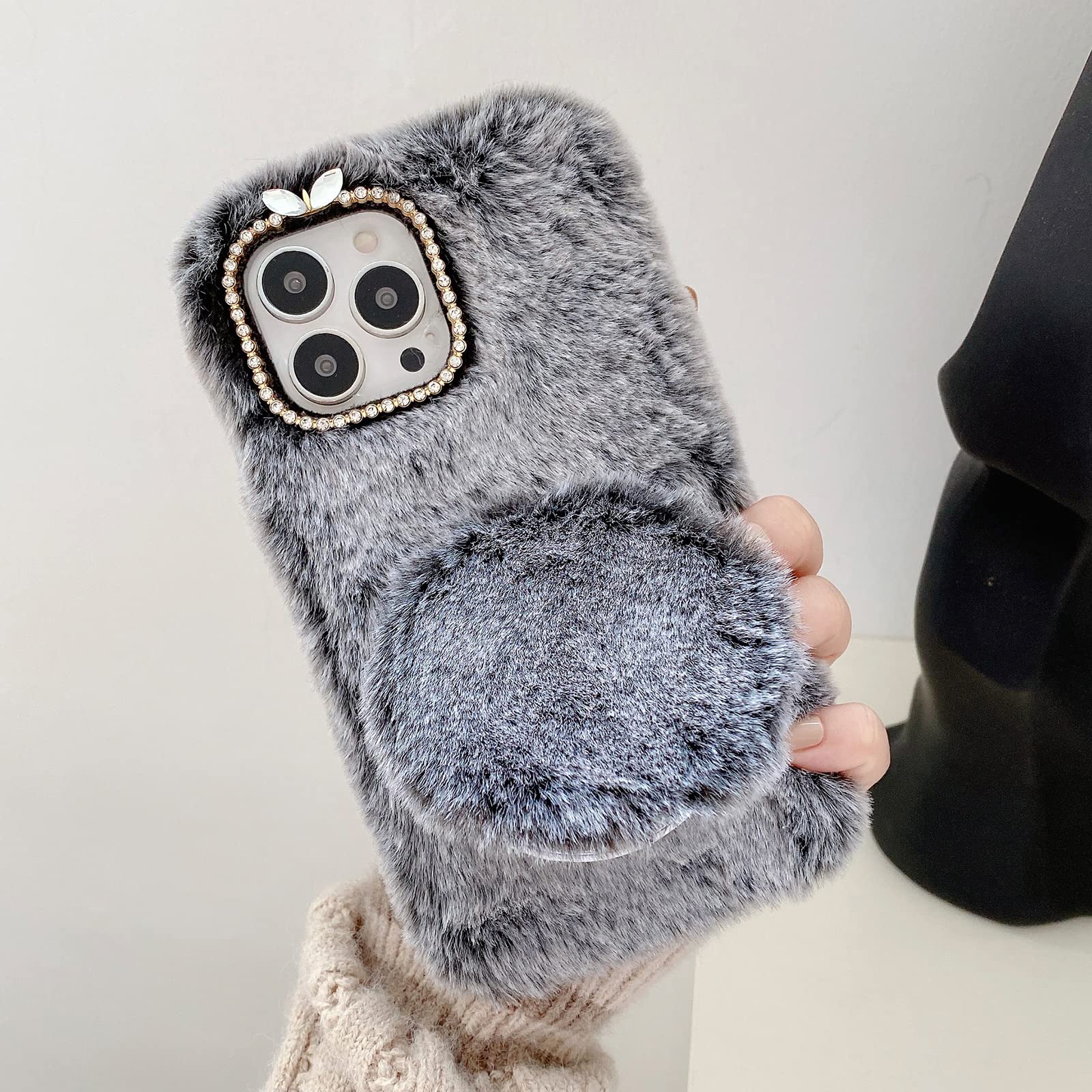**Omio iPhone 12 Pro Max Case - Plush Fluffy Furry Cover with Detachable Makeup Mirror, Glitter Rhinestone Design, Winter Warm Cute Phone Case for Women & Girls - Perfect for Daily Use, Travel, and Gift Giving**