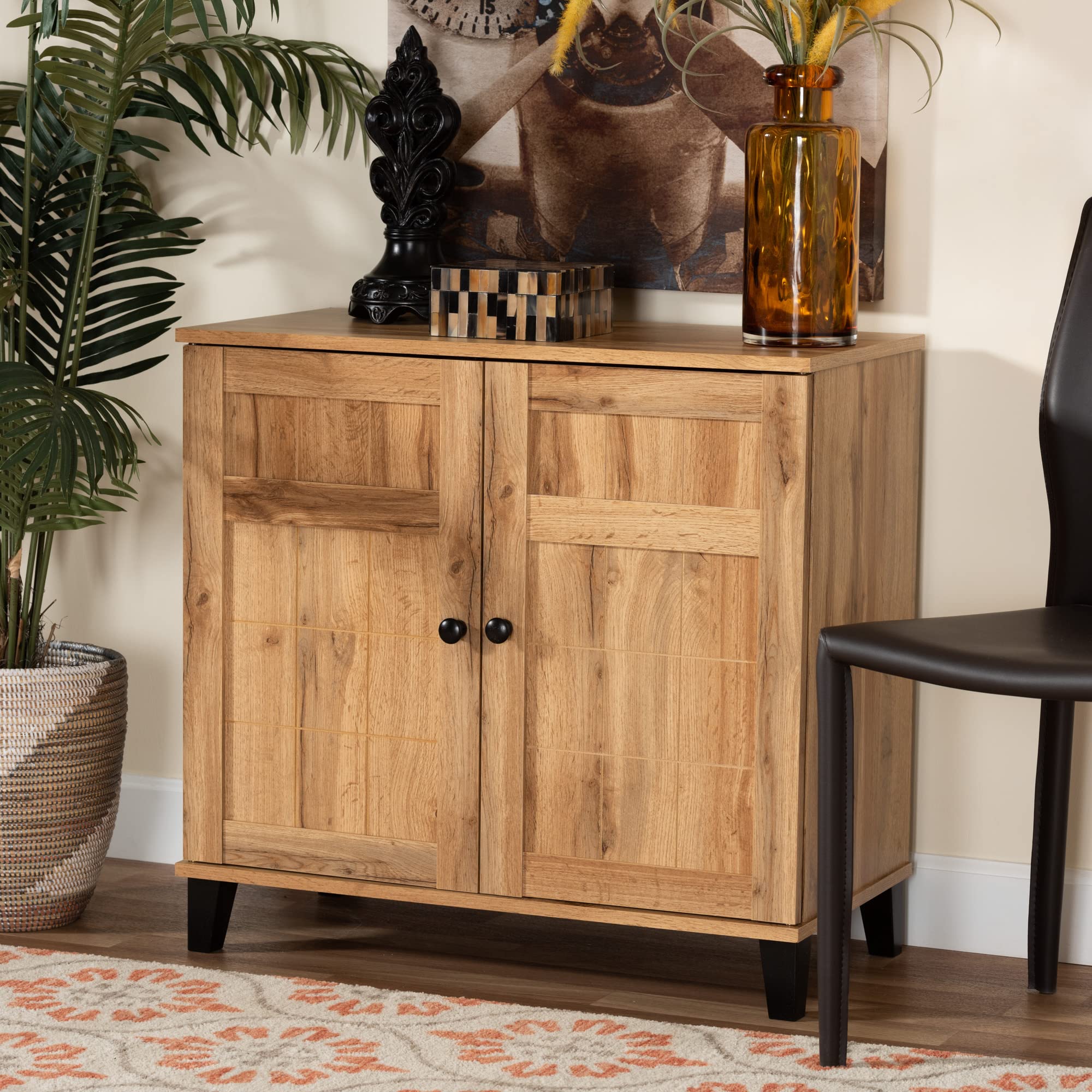 Baxton Studio Glidden Modern Oak Brown Wood 2-Door Shoe Storage Cabinet - Contemporary Entryway Organizer for Hallway, Closet & Mudroom