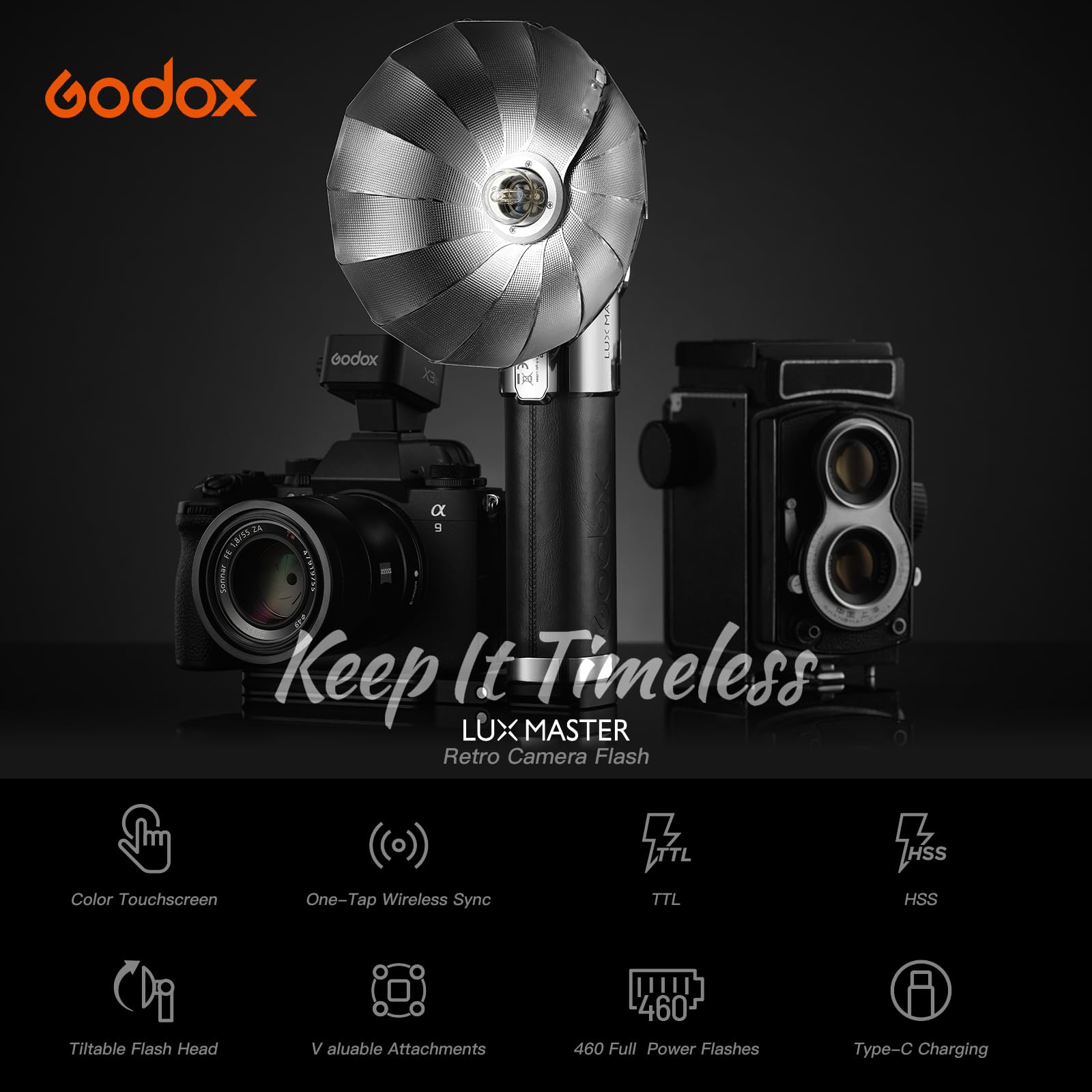 Godox Lux Master Retro Camera Flash 2.4G X Wireless GN25 HSS TTL 6000K with Touchscreen - Compatible with Canon, Nikon, Sony, Fuji DSLR Cameras - Includes 2900mAh Battery, Holder, Charging Cable & Storage Bag - Perfect for Portrait, Wedding, and Studio Photography