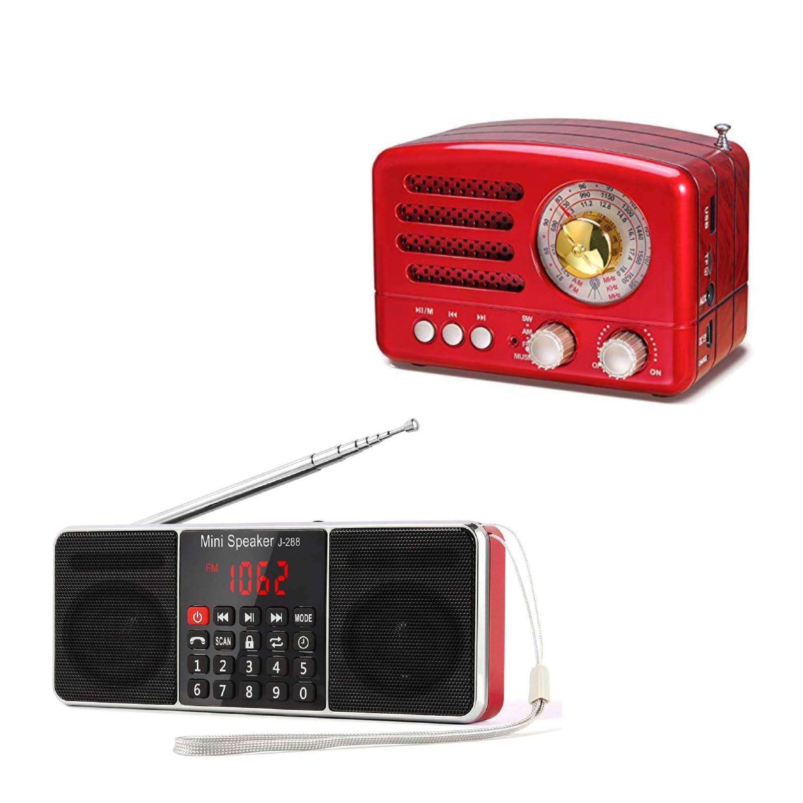 J-160 Retro Bluetooth AM/FM/SW Radio & J-288 Portable AM/FM Bluetooth Stereo Radio with SD Card, USB, Aux-in MP3 Player - Rechargeable Battery Powered for Home, Office, Travel & Outdoor Use