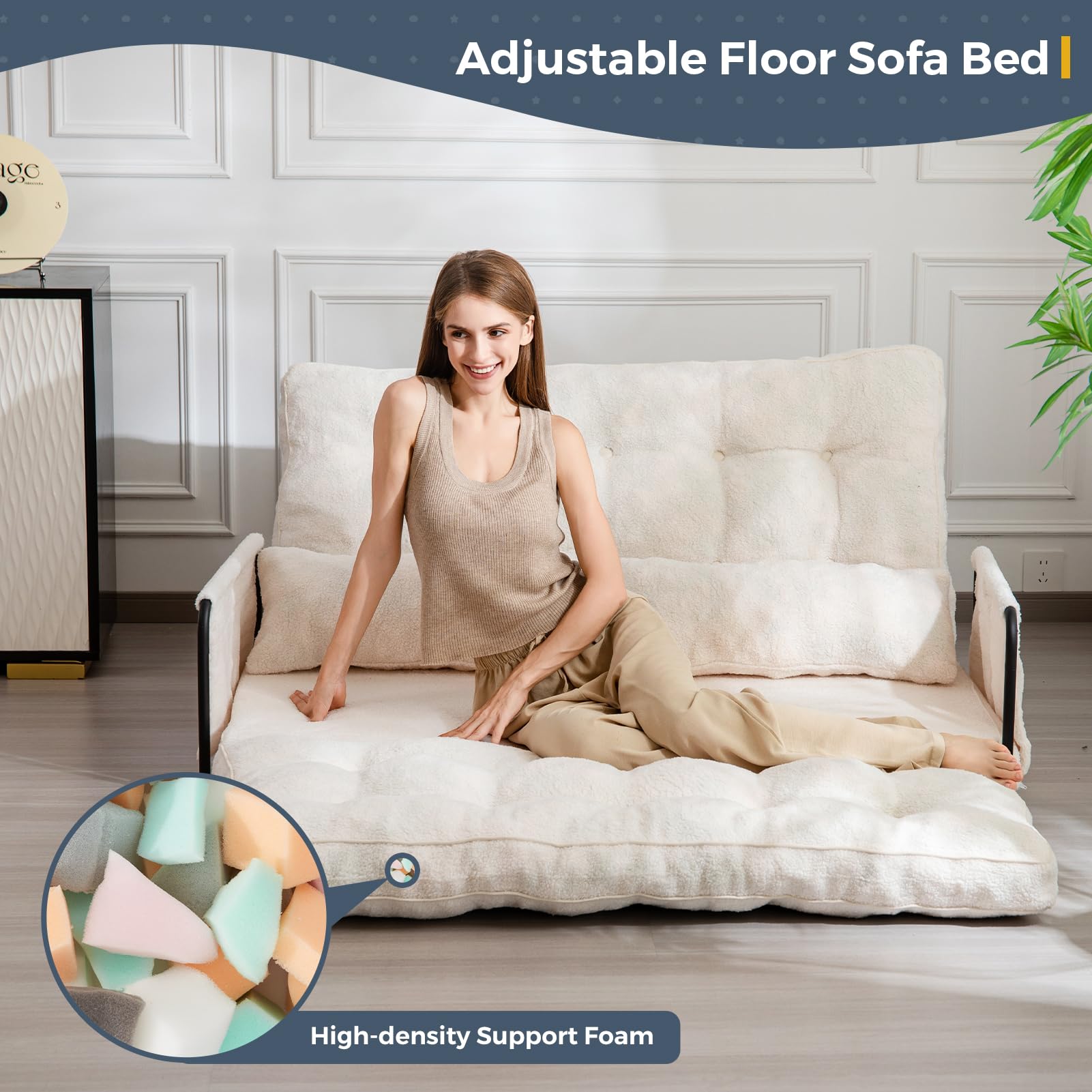 MAXYOYO Adjustable Floor Sofa Couch with 2 Pillows - Boucle Convertible Lazy Sofa Sleeper Bed with Armrest - Double Size Beige Fabric - Perfect for Small Spaces, Living Rooms & Guest Beds