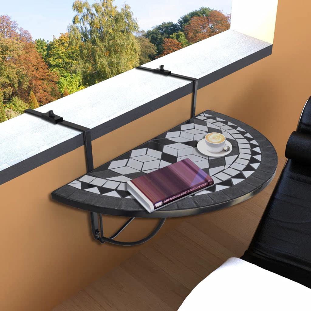 Foldable Hanging Balcony Table - Semi-Circular Outdoor Furniture for Backyard, Lawn, Poolside & Patio - Space-Saving Black & White Mosaic Design - Perfect for Small Spaces, Apartment Living & Outdoor Relaxation