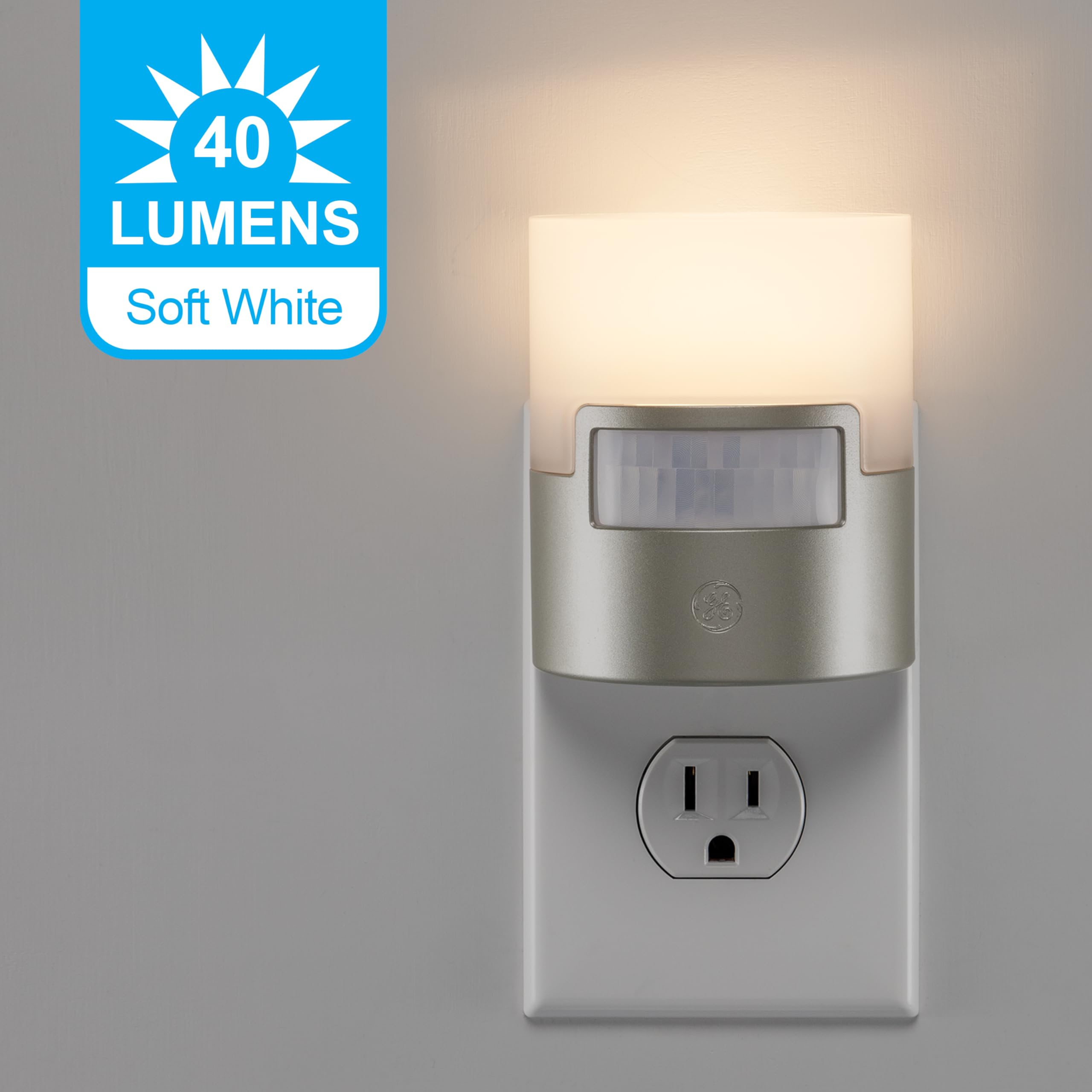 GE LED Motion Sensor Night Light Plug-in Wall, 40 Lumens Soft White, UL-Certified Energy Efficient Nightlight - 2 Pack (Silver) | Perfect for Bedroom, Bathroom, Kitchen, Hallway & Nursery Safety Lighting