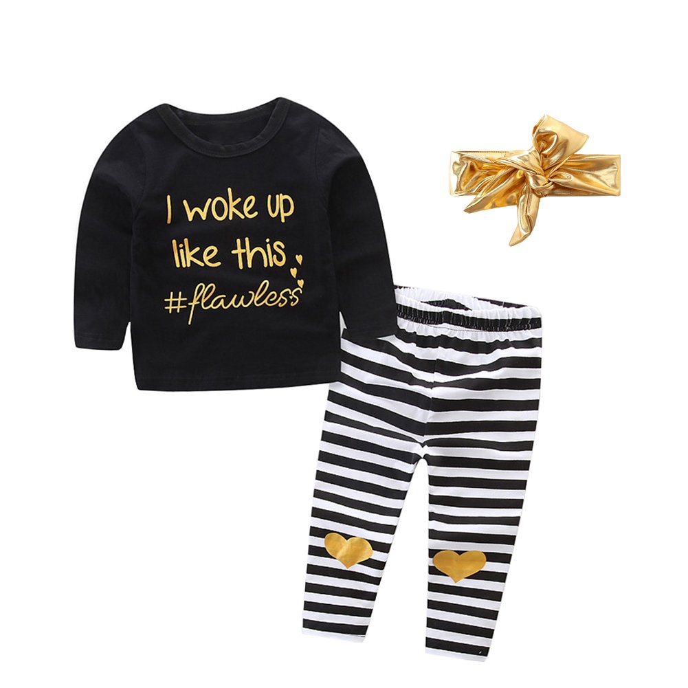 OUTGLE Newborn Baby Girl Outfit Set - Long Sleeve Black Top, Striped Pants & Gold Headband | Soft Cotton Toddler Clothes for Photoshoots, Birthday Parties & Daily Wear