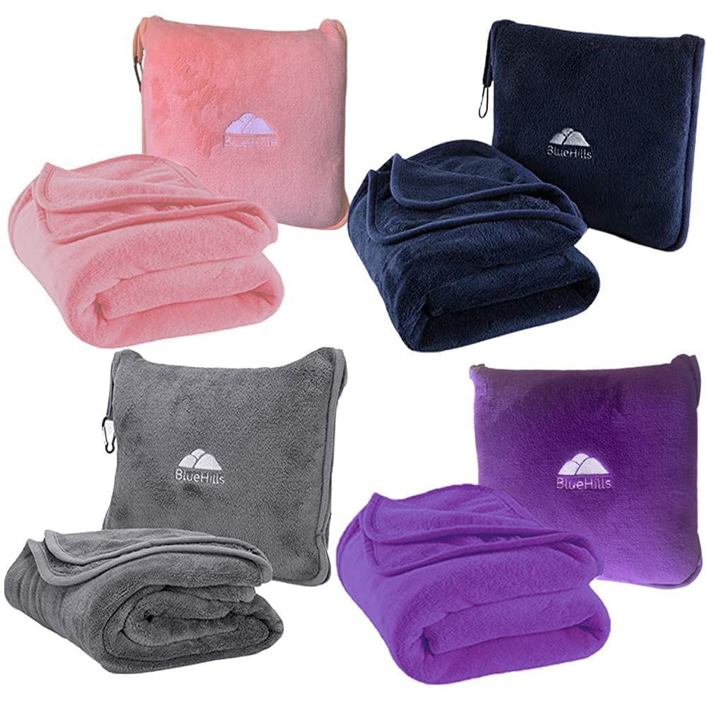 BlueHills Premium Soft Travel Blanket & Pillow Set of 4 - Ultra Cozy Airplane Blanket Throw with Carry Bag, Compact Large Travel Blanket in Gray, Navy, Purple & Light Pink - Perfect for Flights, Road Trips & Camping