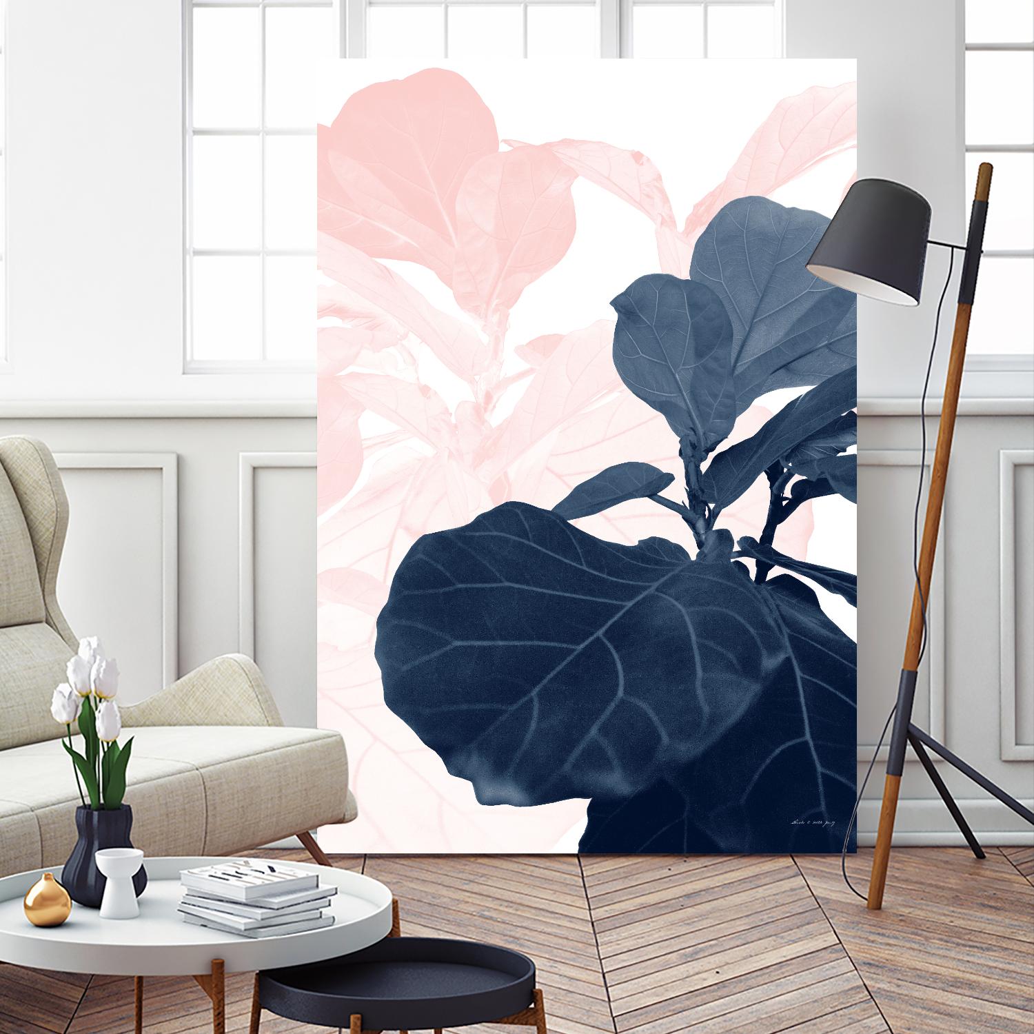 Blush Blue Fiddle Leaf Dream Tropical Wall Art - Modern Botanical Decor for Living Room, Bedroom & Office
