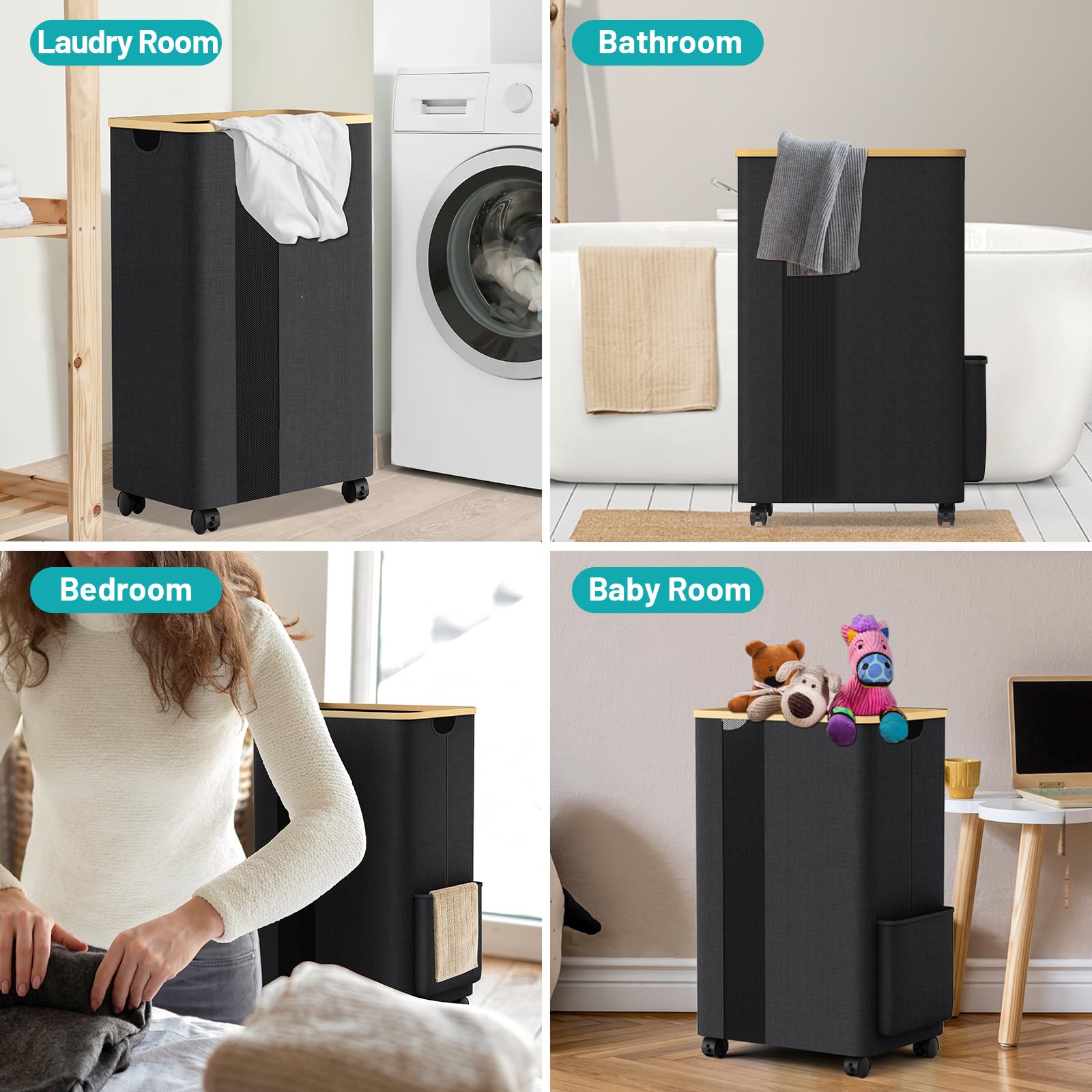 BlissTotes 75L Slim Laundry Hamper with Wheels & Lid - Collapsible Laundry Basket with Internal Support & Handles for Bathroom, Bedroom, Dorm - Perfect for Space Saving & Easy Clothes Storage (Gray)