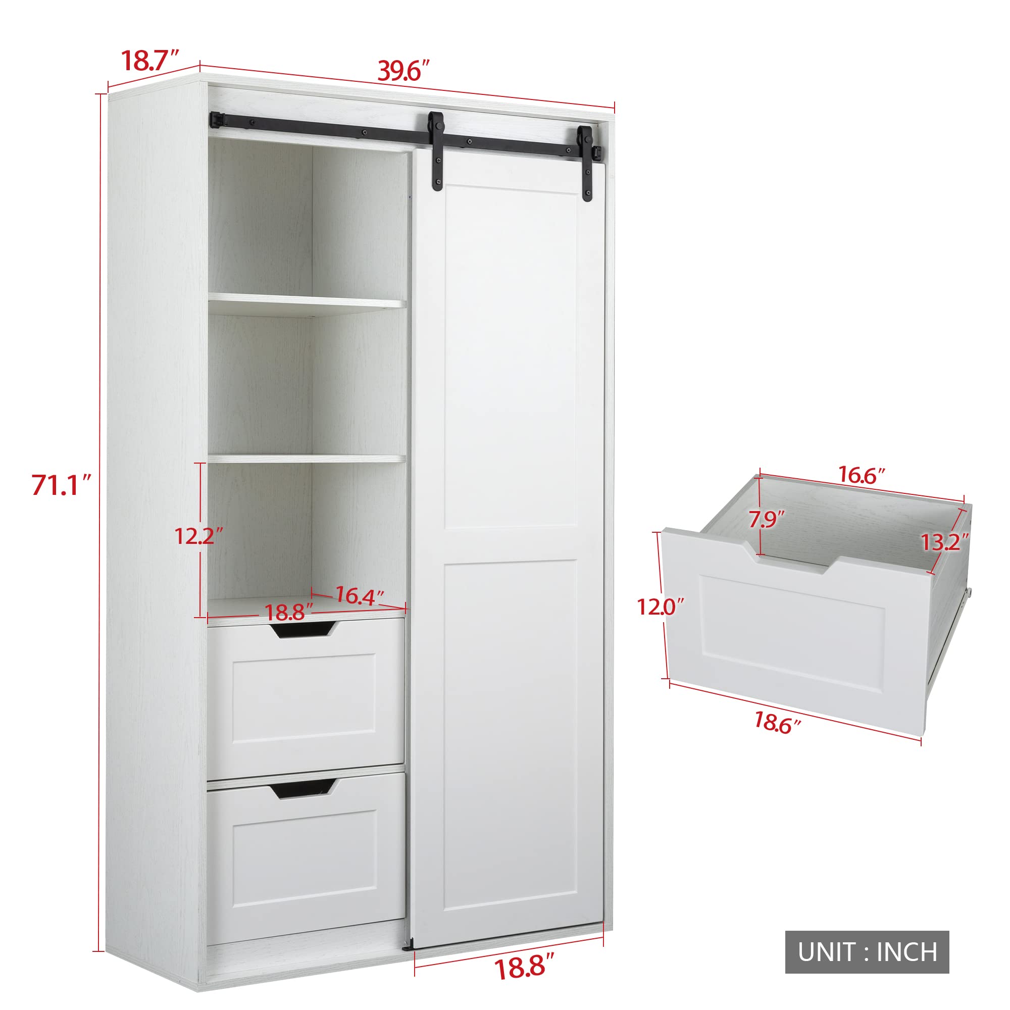 71 Inch Tall White Armoire Wardrobe Closet - Spacious Bedroom Storage Cabinet with Hanging Rod, Barn Doors, Drawers & Open Shelves for Clothes, Shoes & Accessories | Perfect for Master Bedroom, Guest Room or Dorm Organization