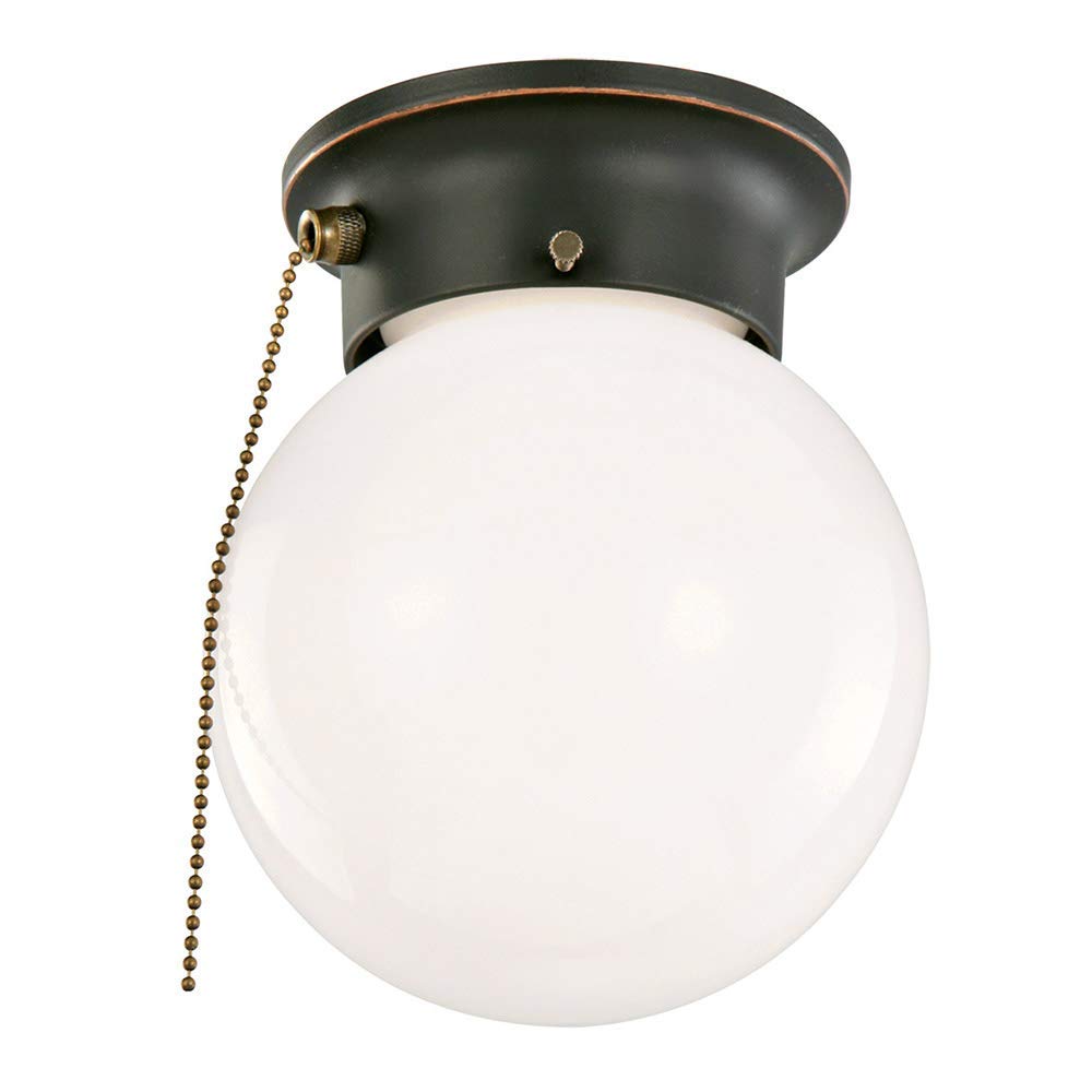 Single Light Ceiling Mount Fixture with Pull Chain - Oil Rubbed Bronze Finish & Opal Glass Shade | Perfect for Bedroom, Closet, or Hallway Lighting