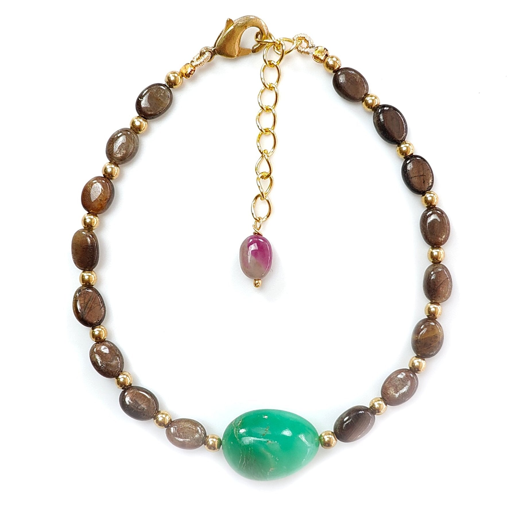 Natural Green Chrysoprase & Brass Beaded Bracelet - 41.75cts Untreated Oval Gemstones (7x5mm) | Handmade Golden Brown Chocolate Sapphire Beads | Adjustable 16x12mm Size 6.5