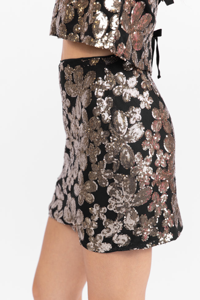 Heart of Gold Black Floral Print Sequin Mini Skirt - Women's Party Outfit for Nightclub, Date Night & Special Occasions