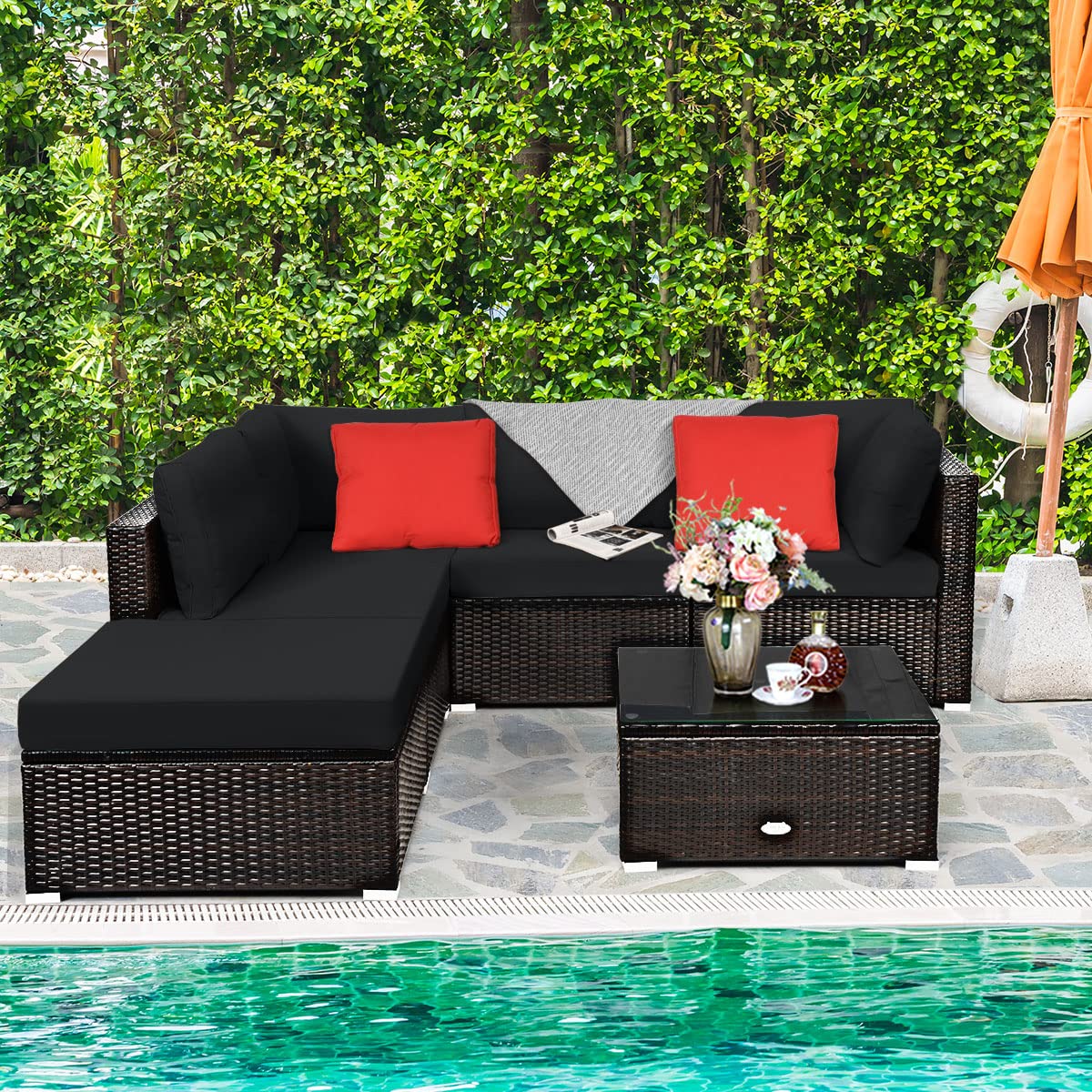 Tangkula 6-Piece Outdoor Patio Furniture Set - Durable Steel Frame PE Rattan Wicker Sectional Sofa with Coffee Table for Deck, Lawn & Backyard (Black) | Perfect for Garden Parties, Poolside Relaxation & Outdoor Entertaining
