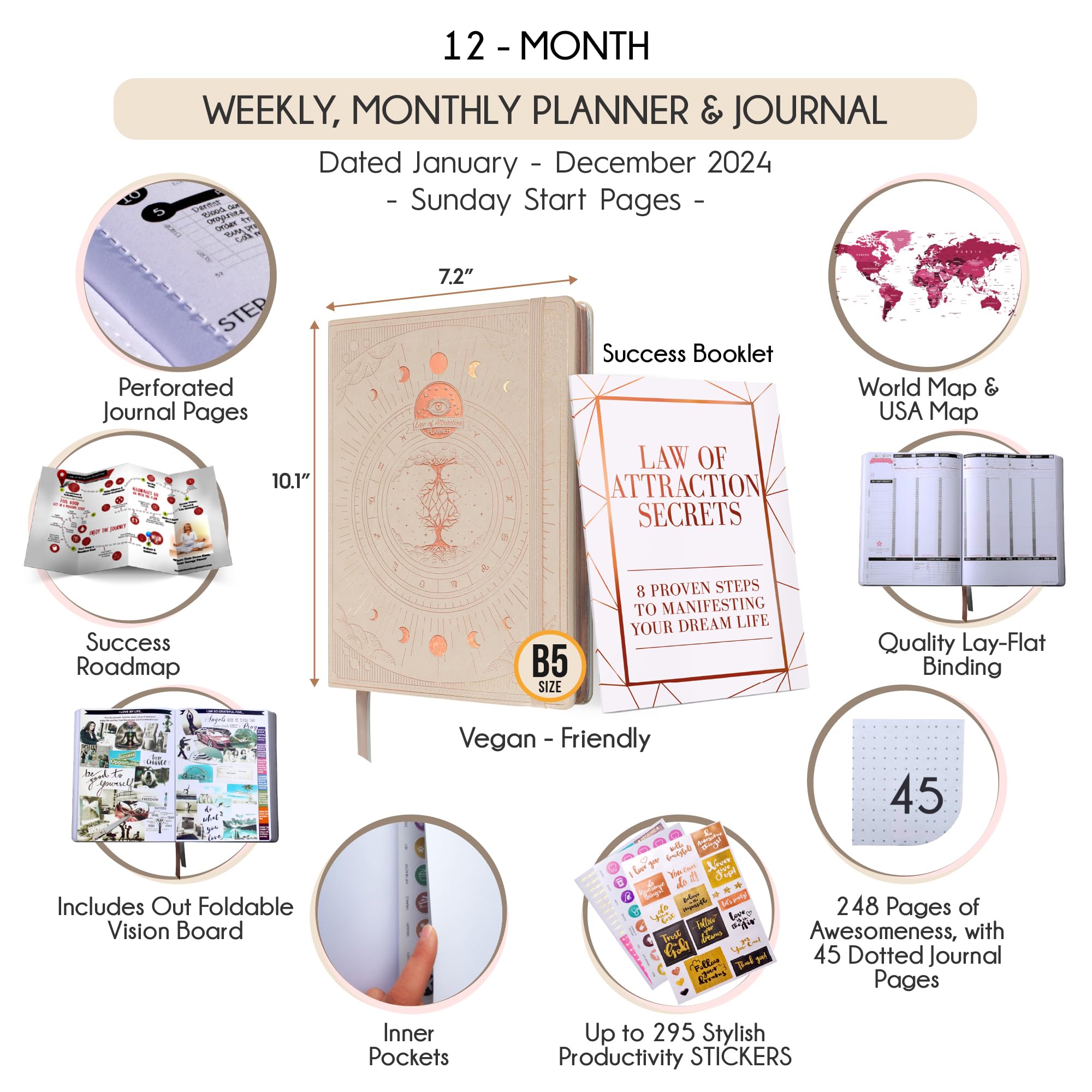 2025 Law of Attraction Planner - Productivity & Goal Setting Planner with Hourly, Weekly & Monthly Layouts | 12-Month Life Organizer, Gratitude Journal, Vision Board | Perfect for Manifestation, Self-Improvement & Daily Planning | Includes Gift Box & Stickers