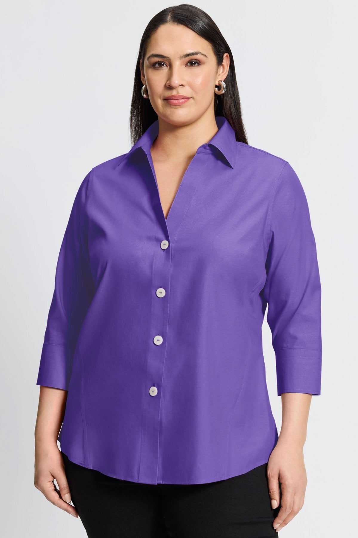 Paityn Plus No Iron Pinpoint 3/4 Sleeve Button Down Shirt for Women - Wrinkle Free Office Wear & Business Casual Outfits