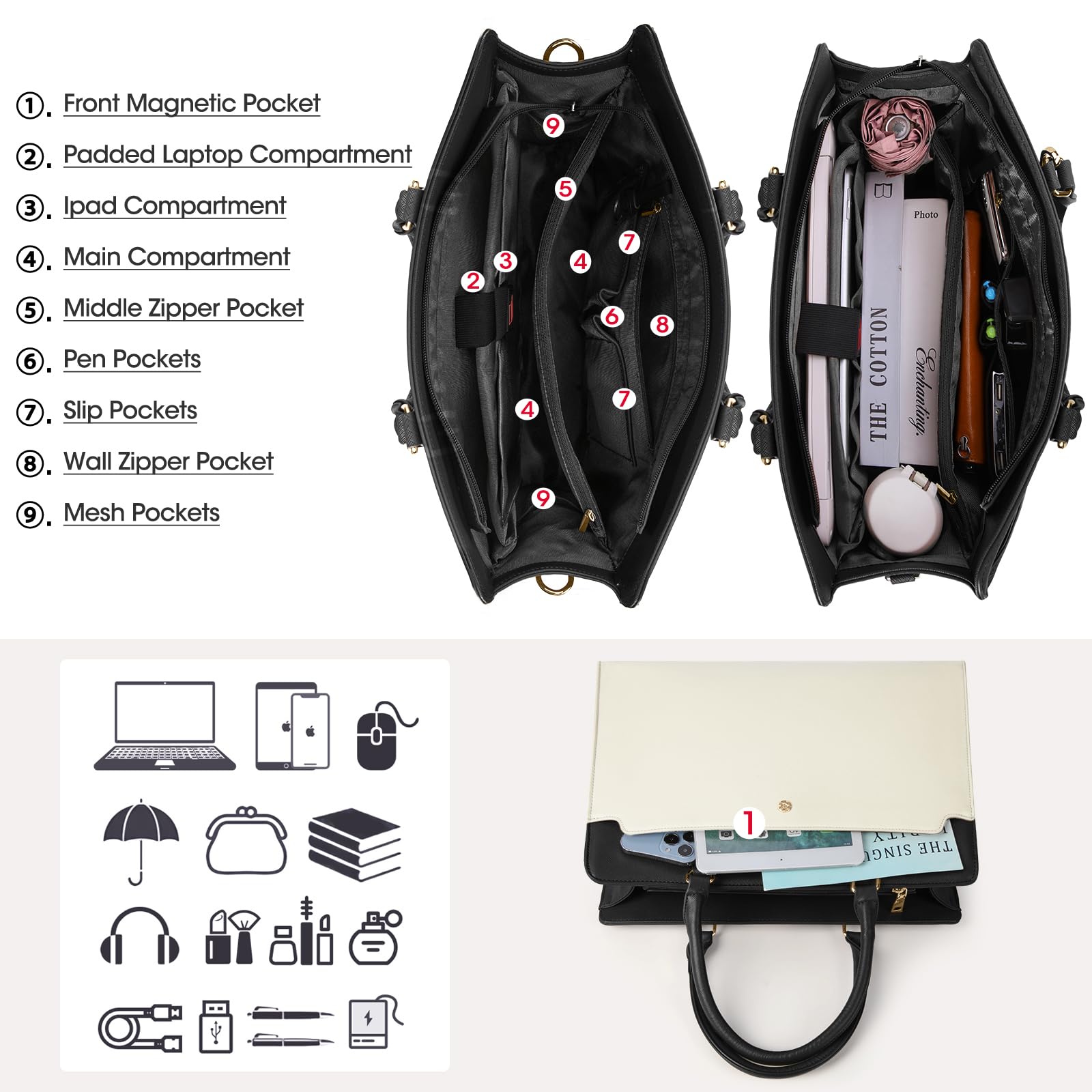15.6 Inch Laptop Tote Bag for Women - Waterproof Leather Briefcase with Large Capacity, Professional Business Office Travel Handbag, Shoulder Bag in Beige and Black for Work, Commute, and Daily Use