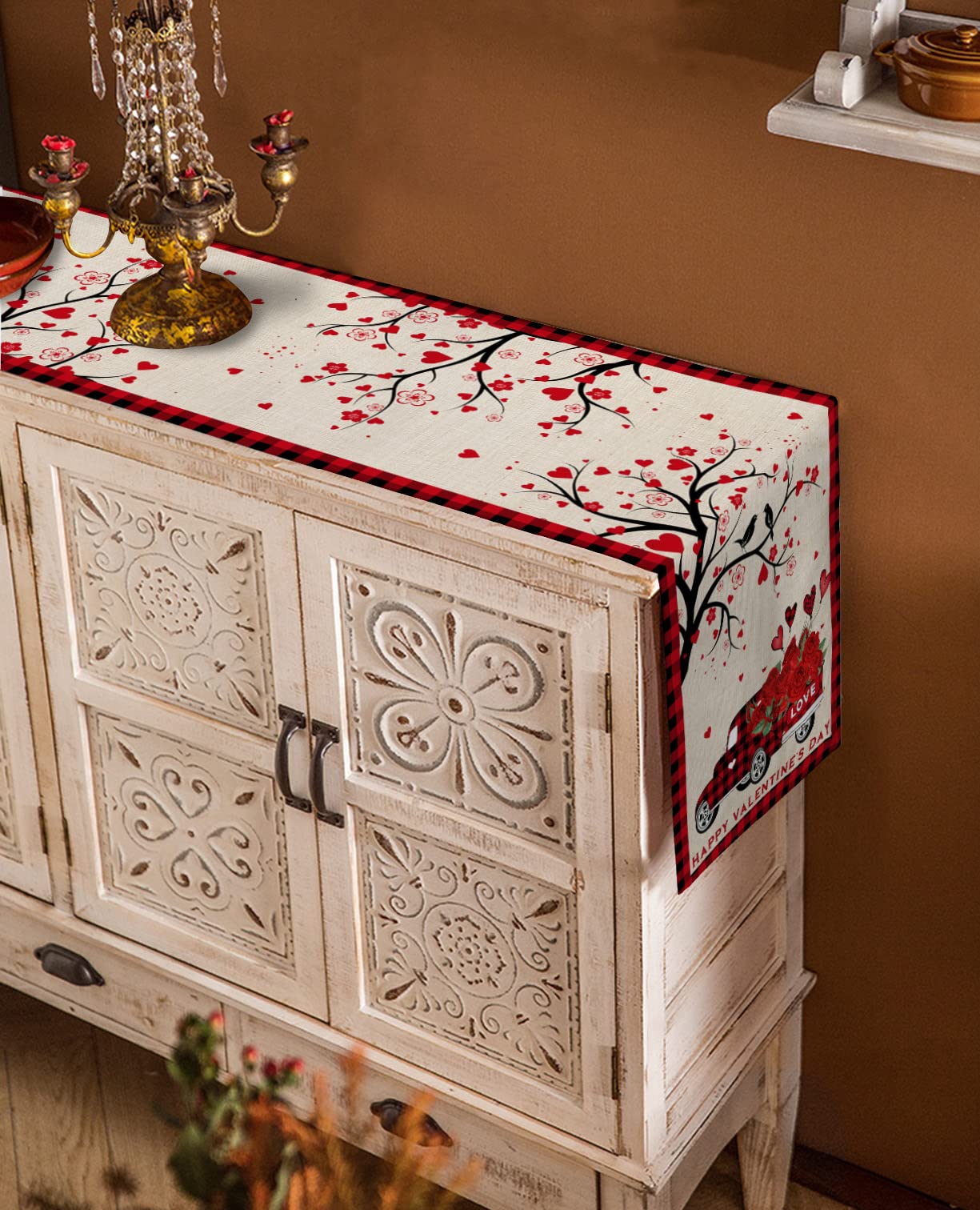 108-Inch Valentine's Day Table Runner - Red Rose & Black Buffalo Plaid Kitchen Decor for Parties, Coffee Tables, and Home - Perfect for Romantic Dinners, Holiday Gatherings, and Seasonal Home Styling (13x108 Inches)