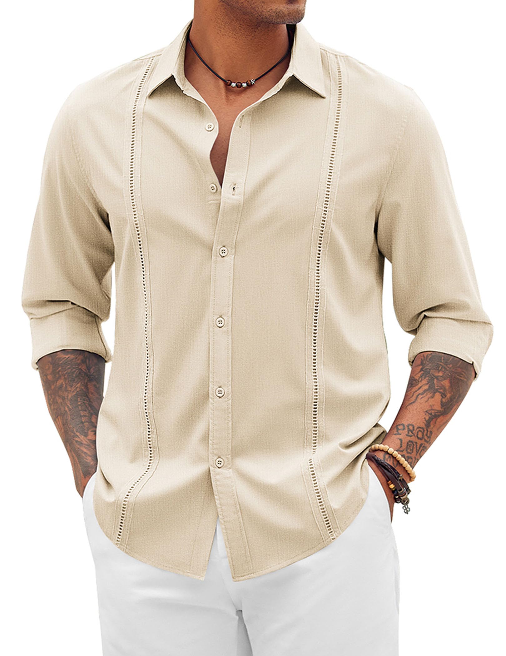 COOFANDY Men's Cuban Guayabera Shirt - Stylish Button Down Long Sleeve Casual Beach Shirt for Summer, Vacations & Tropical Weddings | Breathable Linen Blend Fabric