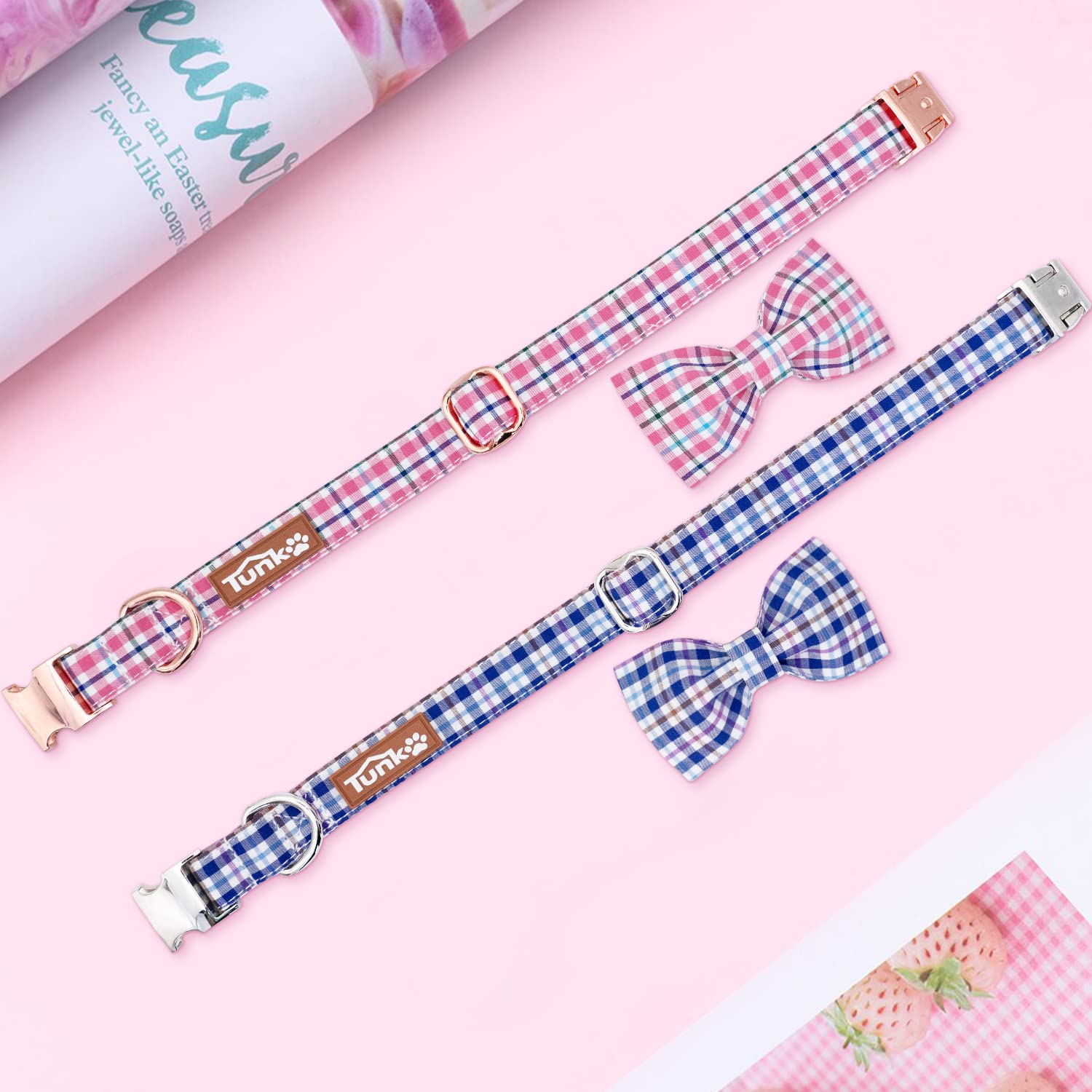 Elegant Plaid Dog Collar with Bow Tie - Soft Comfy Cotton Adjustable Pet Collar for Small Medium Large Puppy & Cat - Premium Metal Buckle for Outdoor Training, Walking & Running (Pink Grid, Large) - Perfect for Daily Walks, Pet Parties & Photo Shoots
