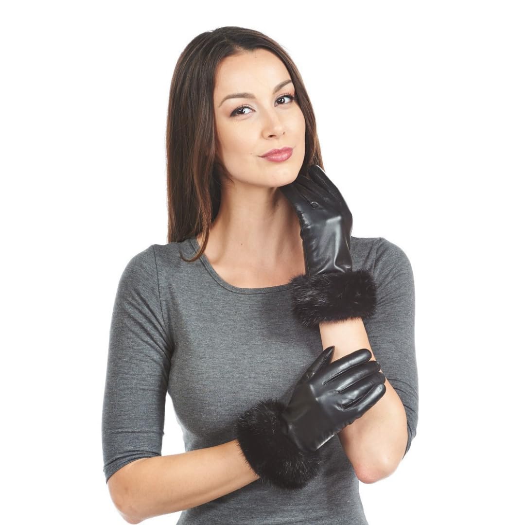 Luxury Mink Fur Trim Leather Gloves - Wool Lined Winter Gloves for Women & Men | Warm Touchscreen Gloves for Driving, Skiing & Outdoor Activities