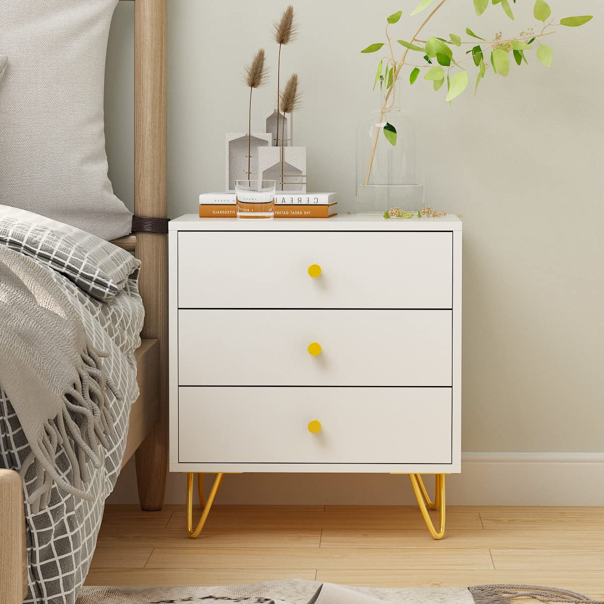 AIEGLE White Nightstand Set of 2 - Modern Bedside Tables with 3 Drawers, Gold Metal Legs - 19.6