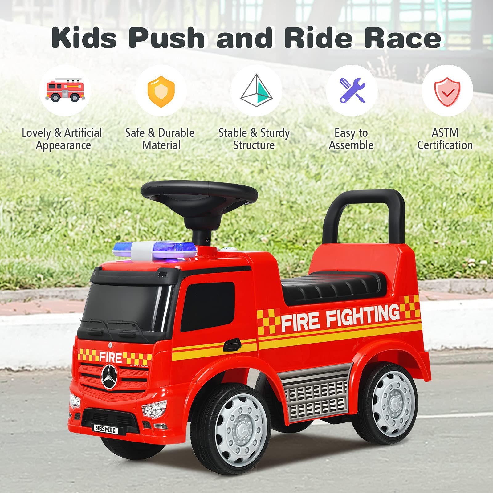 **Costzon Licensed Mercedes Benz Ride-On Push Car for Toddlers 18-36 Months - Red Fire Truck Design with Steering Wheel, Horn, Headlights & Under Seat Storage - Foot-to-Floor Riding Toy for Boys & Girls - Perfect for Indoor & Outdoor Play, Birthday Gifts & Pretend Driving Fun**