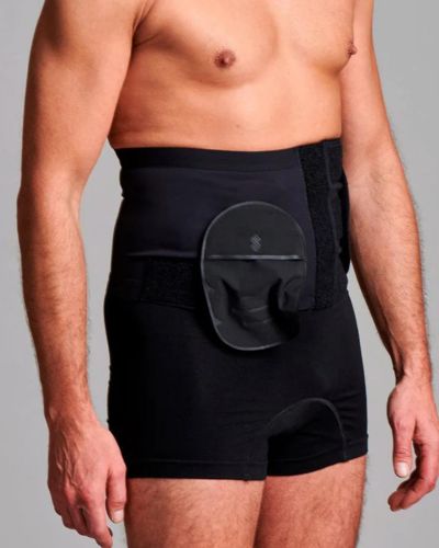 Unisex Adjustable Anti-Roll Ostomy Hernia Support Belt with Pouch Opening - 20cm/8inch, Medium Size, Right Side, Black - Ideal for Post-Surgery Comfort & Active Lifestyle