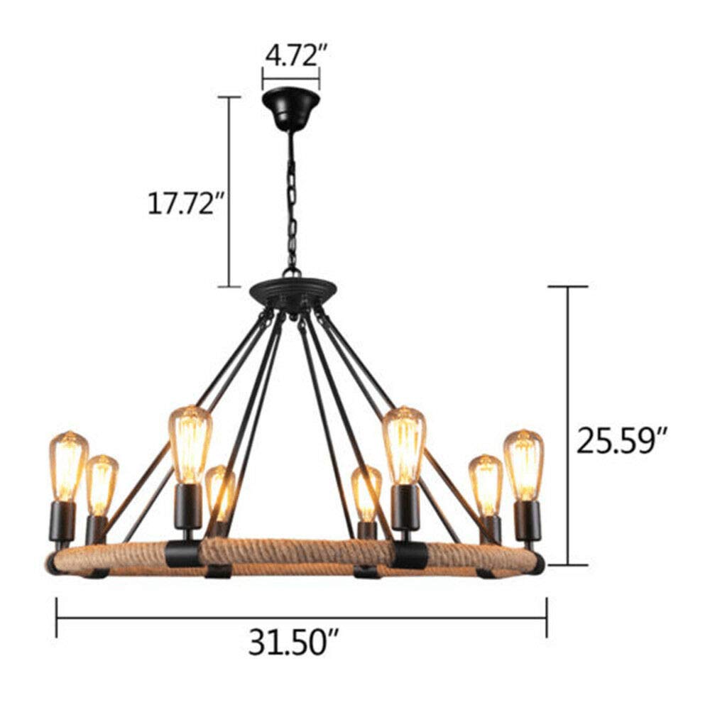 6/8-Light Metal Island Pendant Light - Rustic Industrial Ceiling Lamp with Hemp Rope, Round Retro Chandelier for Living Room, Bedroom, Kitchen & Bar - Perfect for Farmhouse, Loft and Industrial Style Decor