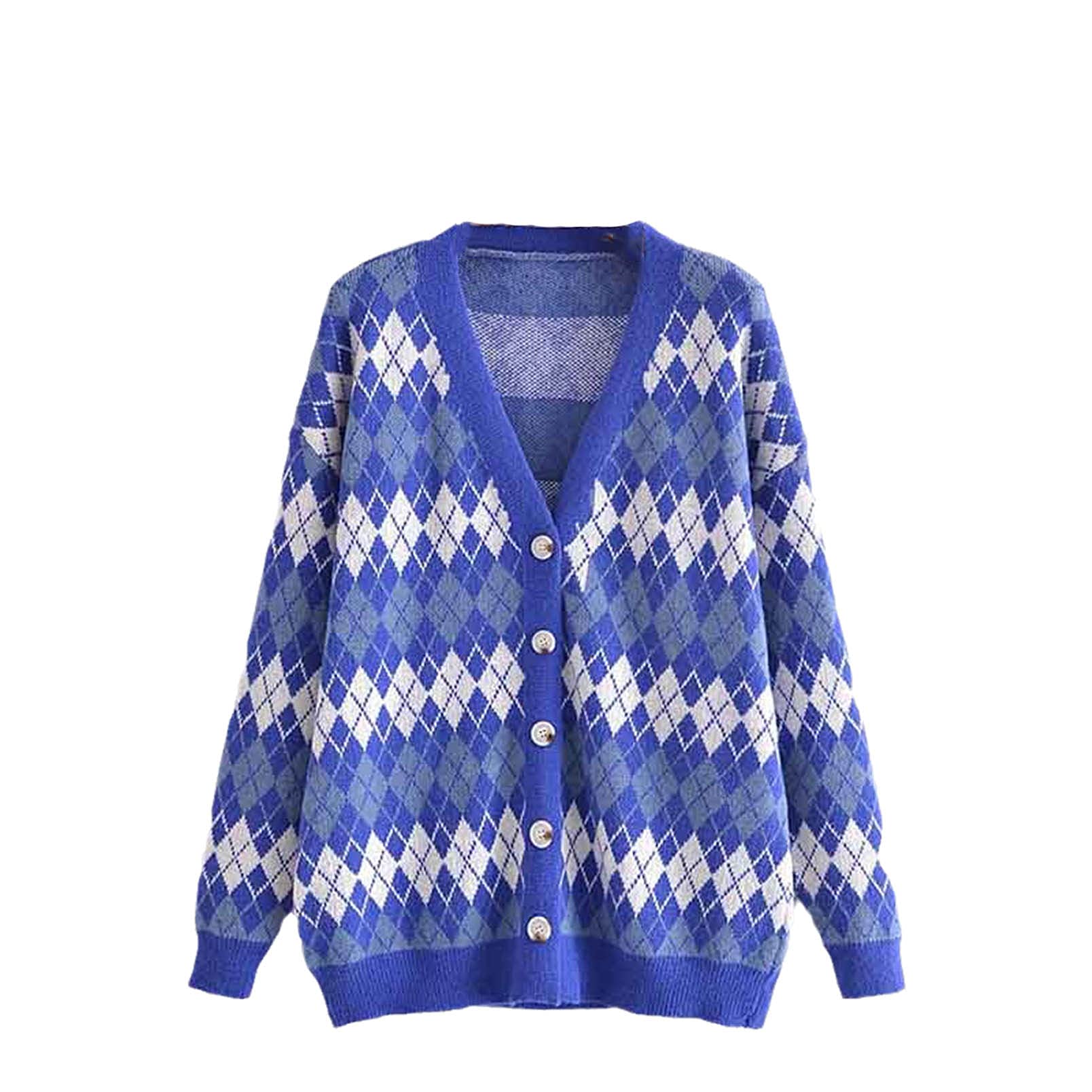 Women's Argyle Knitted Pink Cardigan - Harajuku Style Loose Casual Sweater Top Oversized for Women | Cozy Fall & Winter Fashion, Office Wear, Date Night Outfit