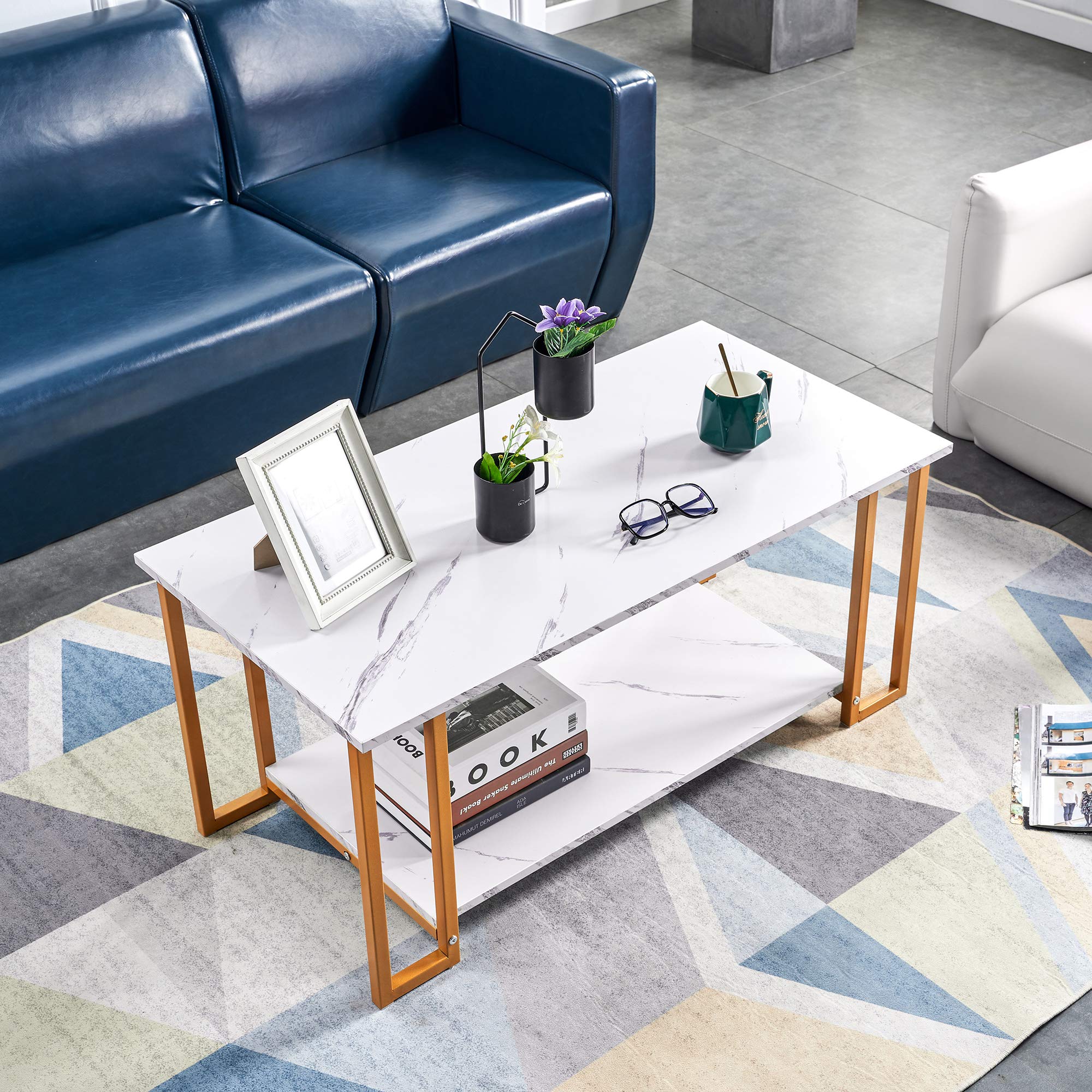 2-Tier Marble MDF Coffee Table with Black Metal Legs & White Top - Modern Rectangle Side Table for Living Room, Dining Area, Coffee Shop & Restaurant Decor (Gold Accent) | Perfect for Small Spaces, Lounge Areas & Contemporary Home Styling