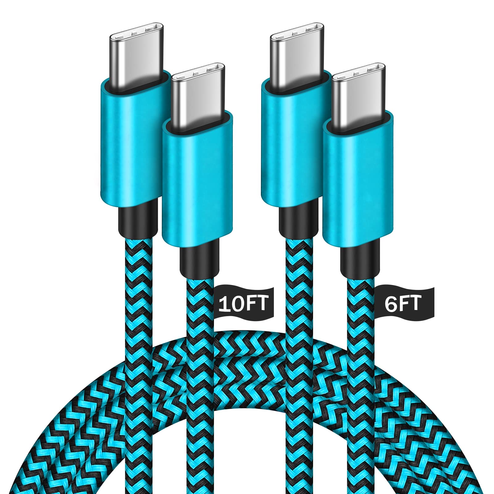 UDATON 2-Pack 60W Fast Charging USB C to USB C Cable (10ft + 6ft) - Nylon Braided Type C Charger Cord for Samsung Galaxy S21/S20/A52, MacBook Air/Pro 13, iPad Mini/Pro, Nintendo Switch - Perfect for Home, Office & Travel Charging (Blue)